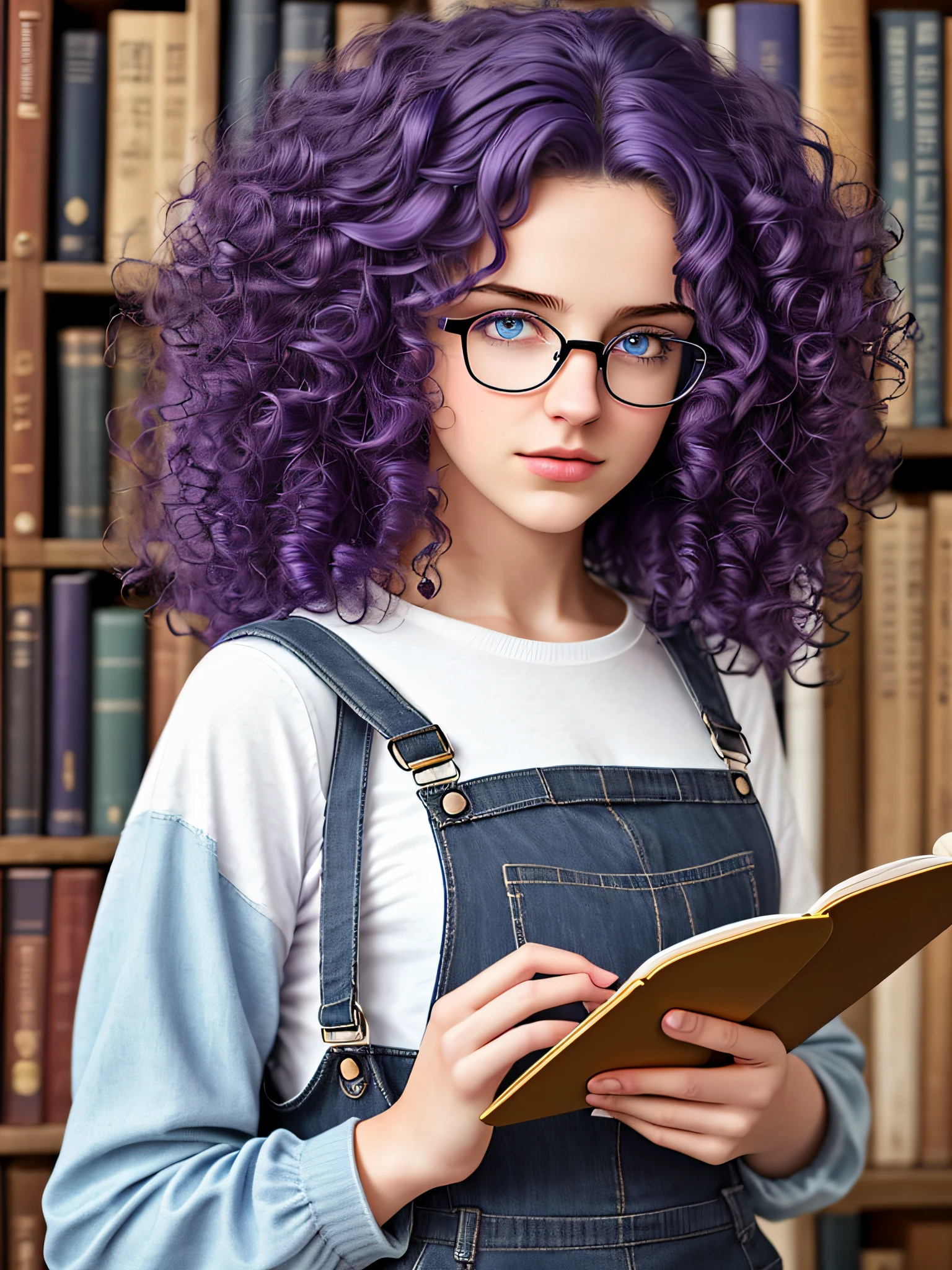 (ultra-realistic, HDR, raw, 8K: 1.1, best quality: 1.2), a beautiful female reader, (black skin 1.2), simple clothes in the style of overalls and sneakers, intricate details, low light scene, [(scene in the library), delicate and beautiful female face with kitten-style glasses, black skin ,(emphasis added),((curly curly hair on the shoulder lture1.3)|( purple hair), blue eyes),  sharp and focused look, (holding a book in his hands): 0.8]