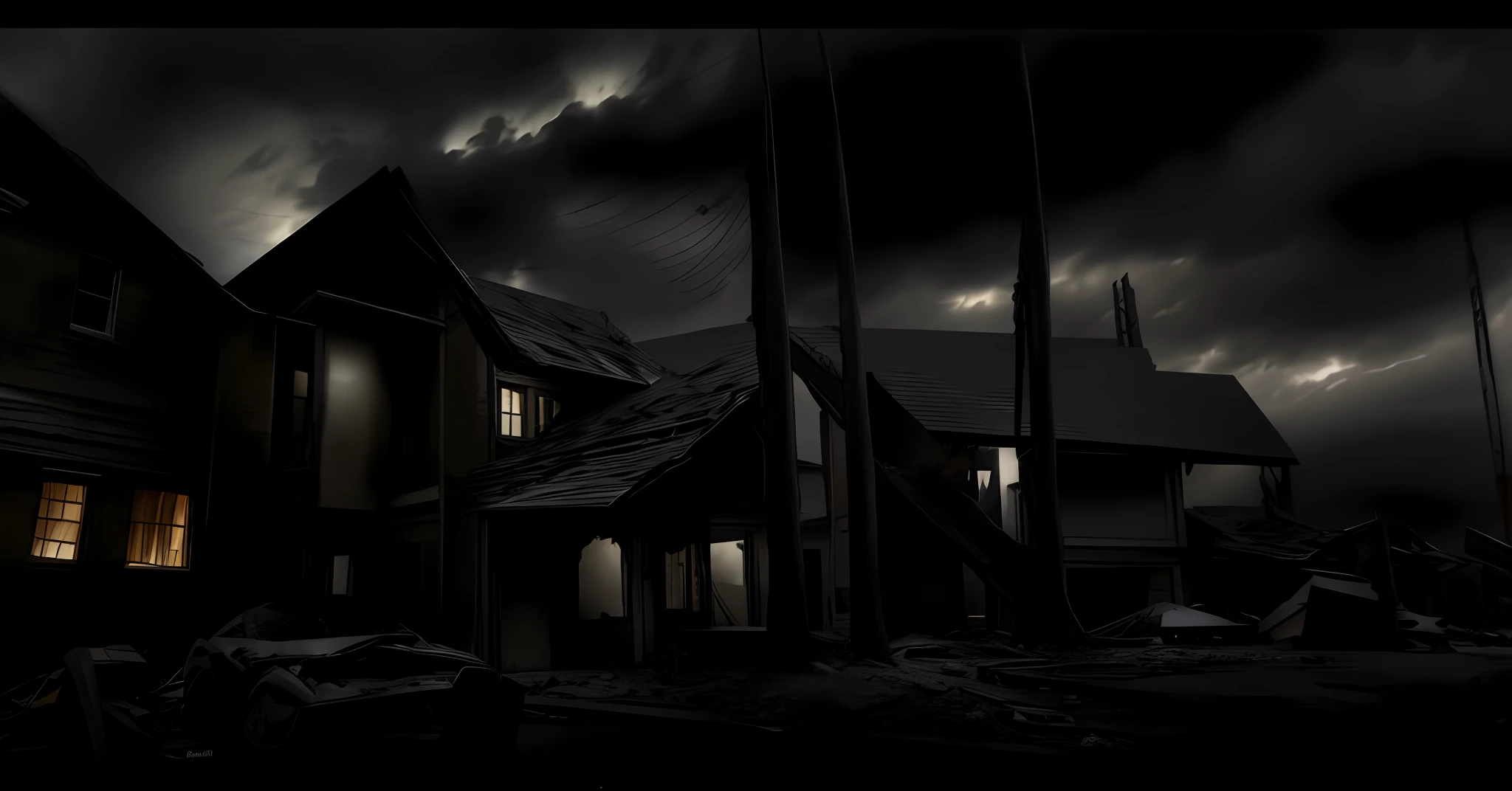 night, photorealistic dark concept art, unreal engine rendering concept art, unreal engine matte paint, unreal engine. Movie still, rendered in Cryengine, Fireworks!! Hyper-realistic, rendered in Unreal 5, realistic Unreal Engine 3 D game, Unreal Engine screenshot, 4K Concept Art and Hyper Realism. (Abandoned), (destroyed), old, old, rain,