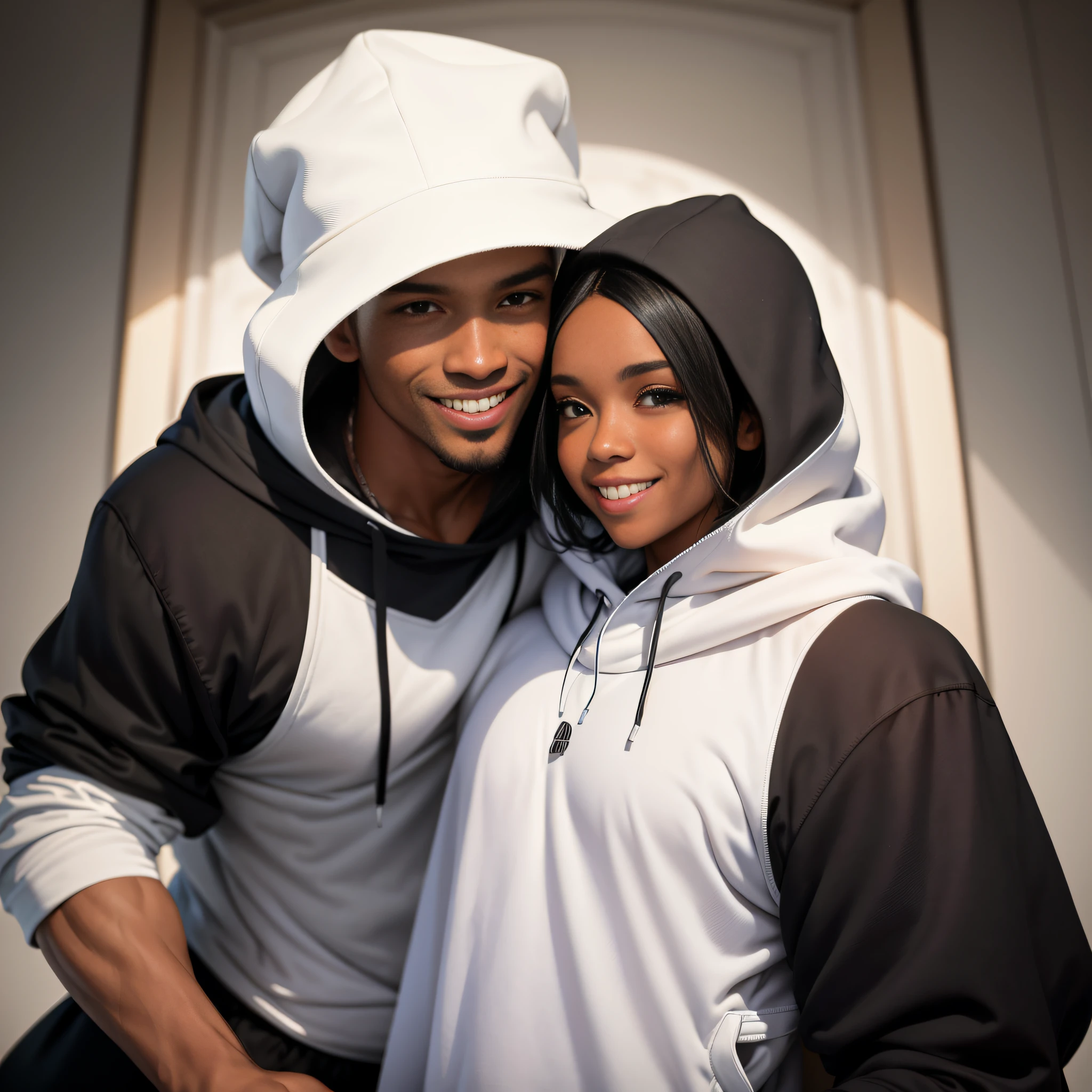 there is a man and woman posing for a picture together, white and black clothing, wearing a hoodie and sweatpants, portrait shot, wearing an oversized hoodie, hat and hoodie, photoshoot, lovely couple, detailed portrait shot, inspired by Thomas Blackshear, high quality portrait, clothing photography, wearing a hoodie, couples portrait, happy couple, portrait shot 8 k, smiling couple