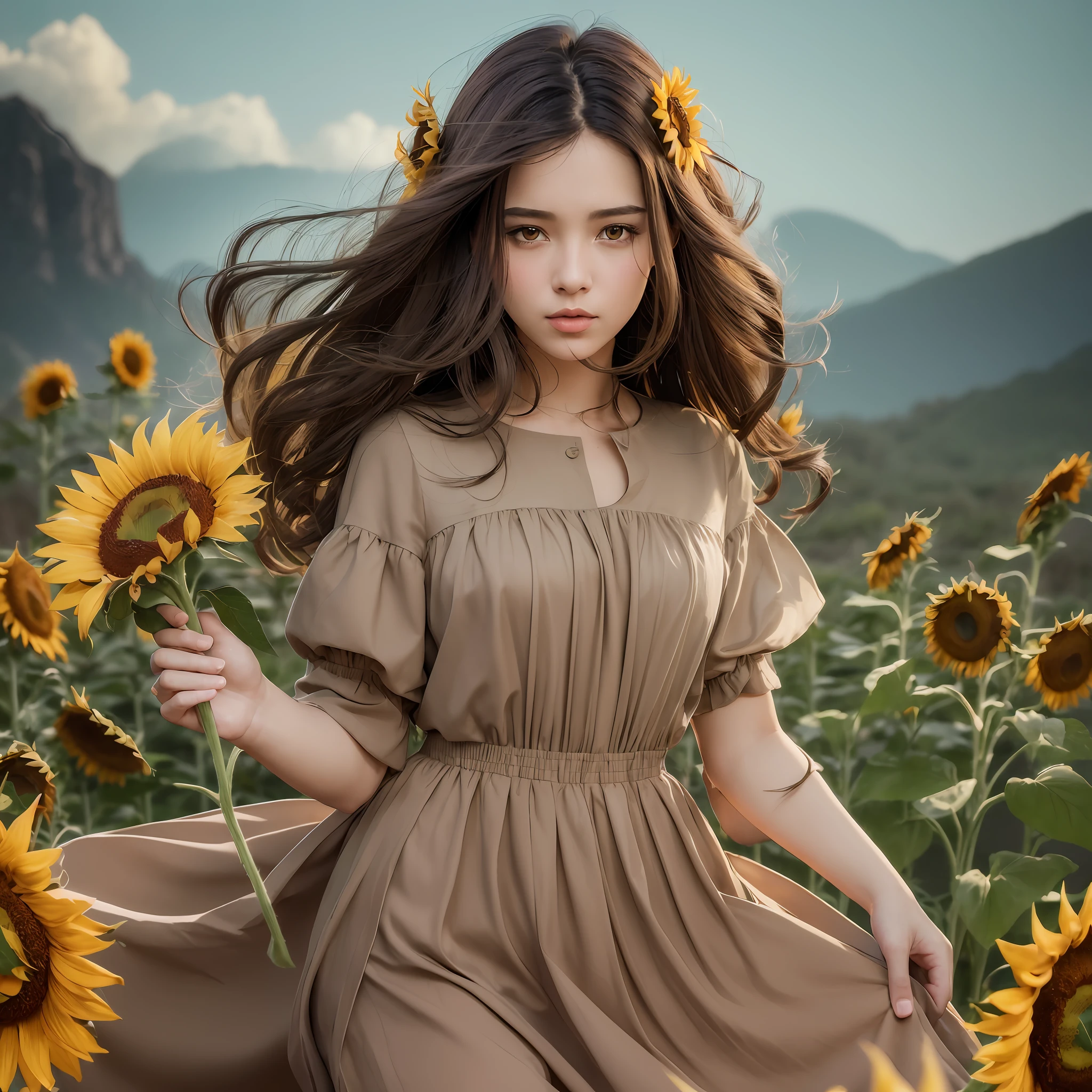 (high quality illustration,masterpiece,best quality),(attractive girl:1.5,dark ash brown hair:1.3,cute brown eyes,attractive lips,beautiful blouse,long skirt),(holding hair,stylish pose:1.2),(field of sunflowers:1.2), looking at the camera, medium angel shot, extremely detailed image, hyper detailed face and body, 32K, bioluminescent, volumetric and cinematic lighting effects ((5.0))