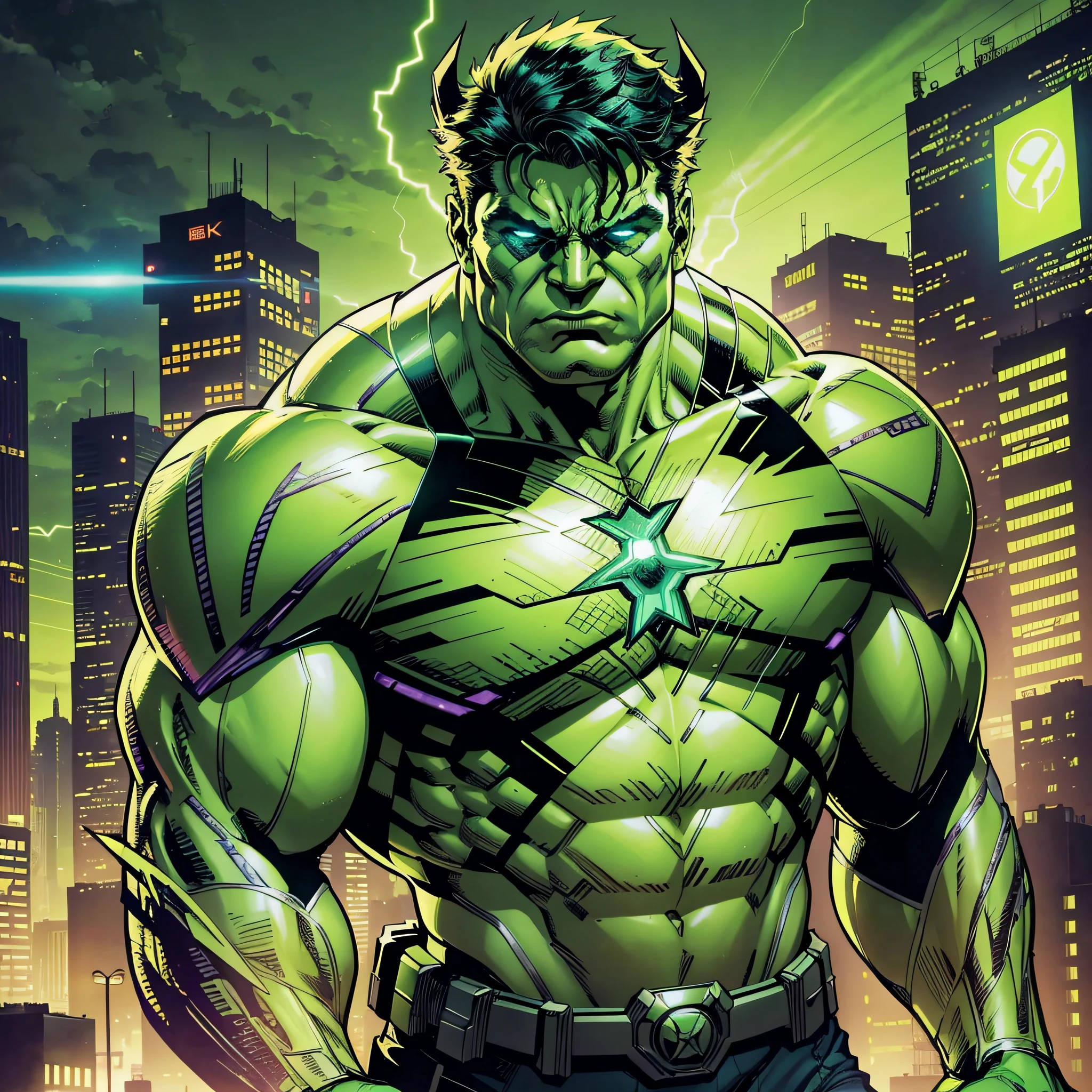 Hulk DC Comics Cyber Punk Style (Masterpiece) (Best Quality) (Detailed) (8K) (HDR) (Wallpaper) (Cinematic Lighting) (Sharp Focus) (Intricate) --auto --s2