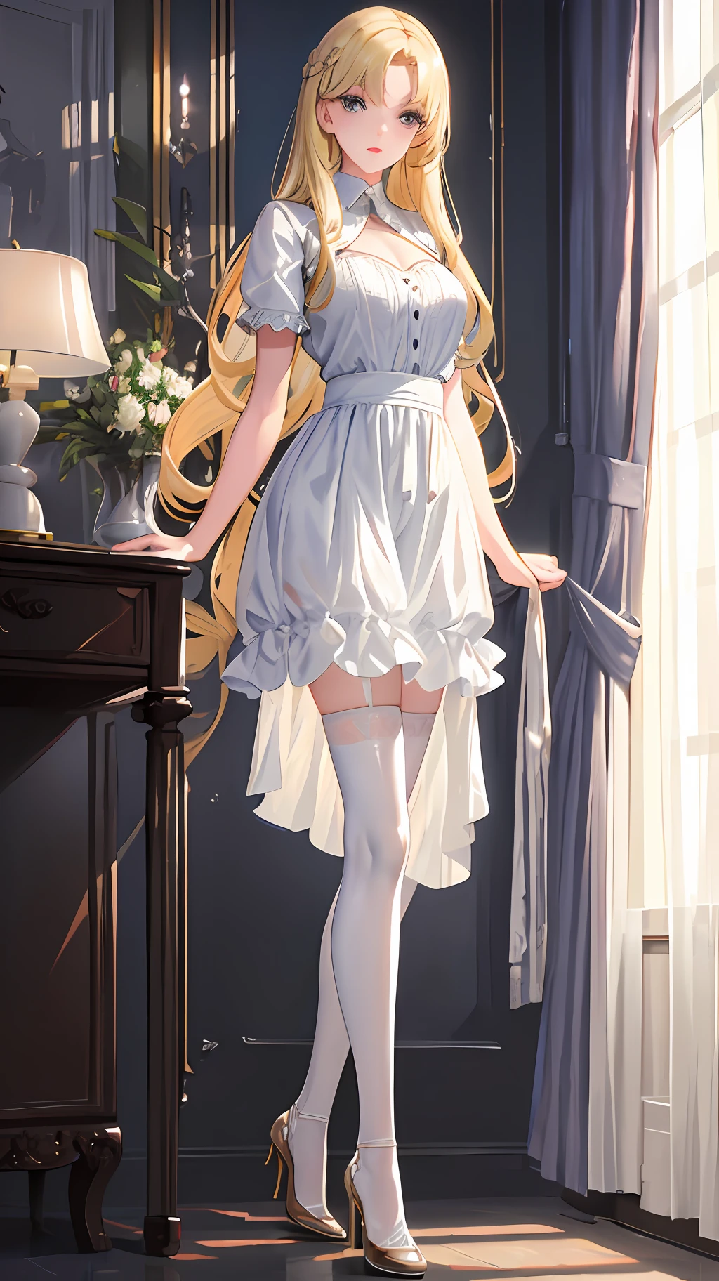 (masterpiece, best quality, super detailed, high resolution), perfect face, side light, shiny skin, standing, white stockings, chest curtain, high heels, hairstyle casual,