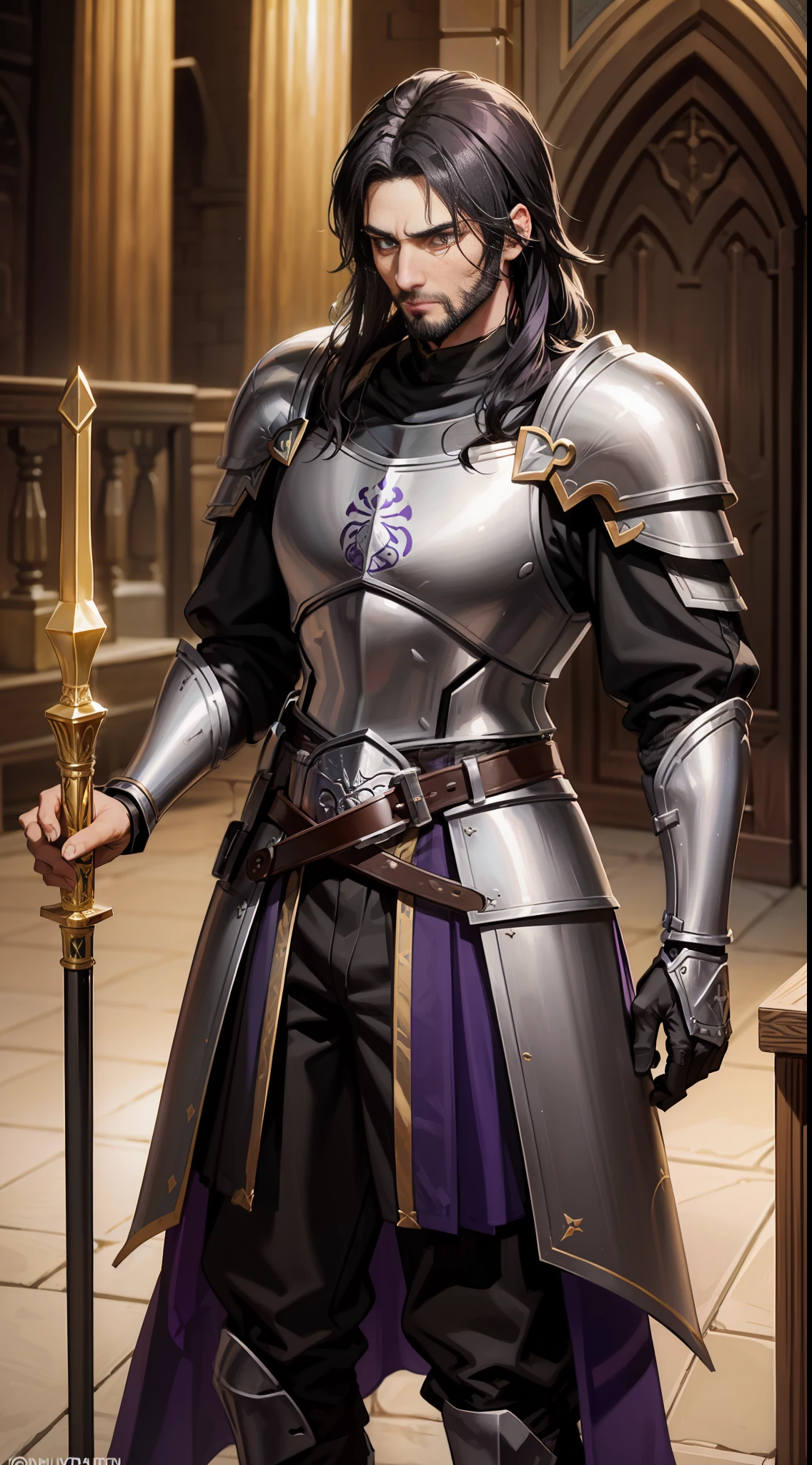 A 29-year-old man with black hair and brown eyes and a thin beard, his armor and black with purple and gold accents depicting gravity, he carries a saber at his waist (senary great hall of alchemy)