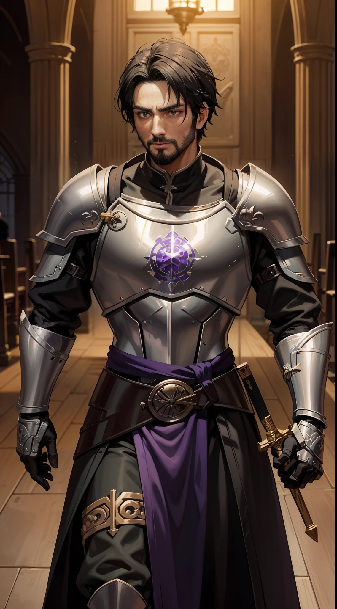 A 29-year-old man with black hair and brown eyes and a thin beard, his armor and black with purple and gold accents depicting gravity, he carries a saber at his waist (senary great hall of alchemy)