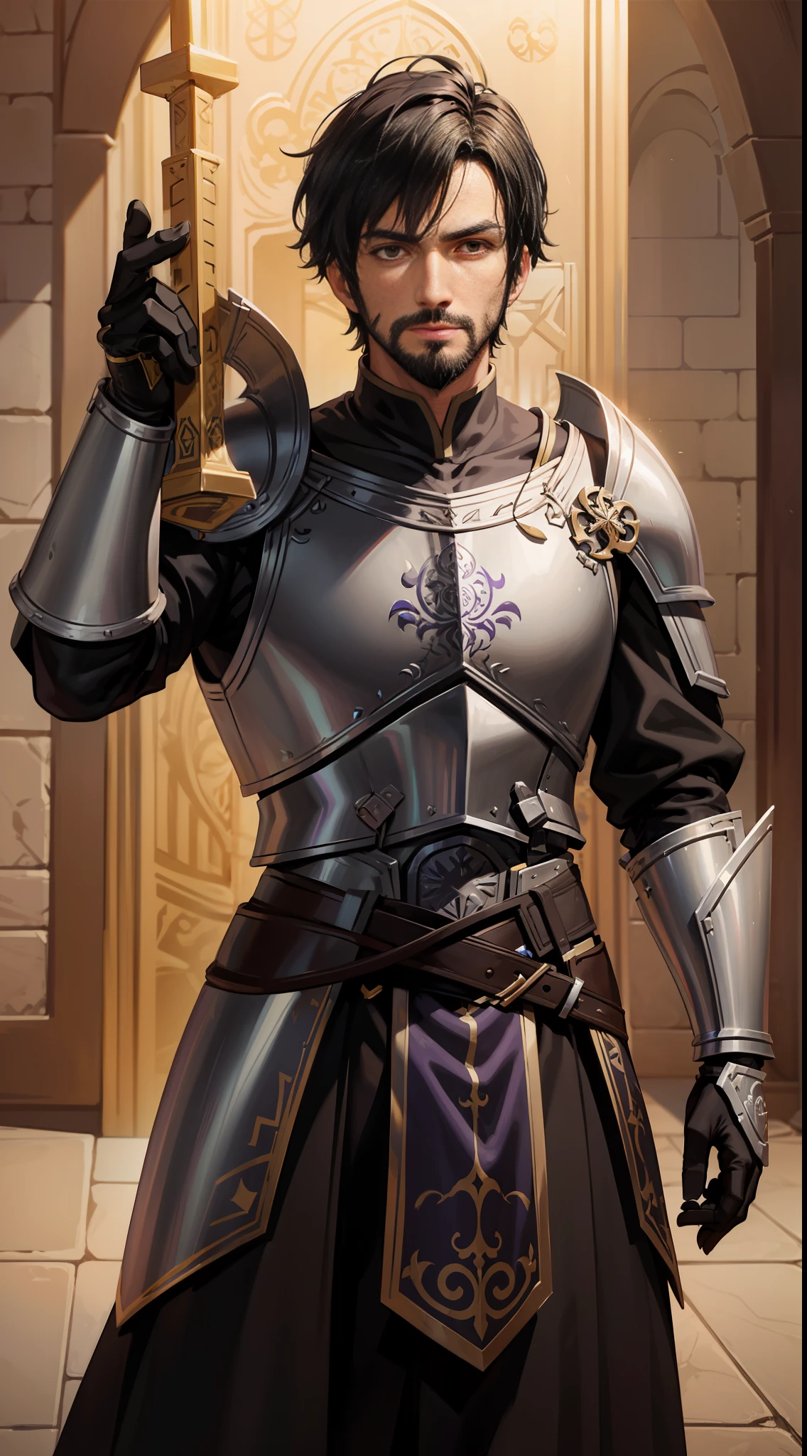 A 29-year-old man with black hair and brown eyes and a thin beard, his armor and black with purple and gold accents depicting gravity, he carries a saber at his waist (senary great hall of alchemy)