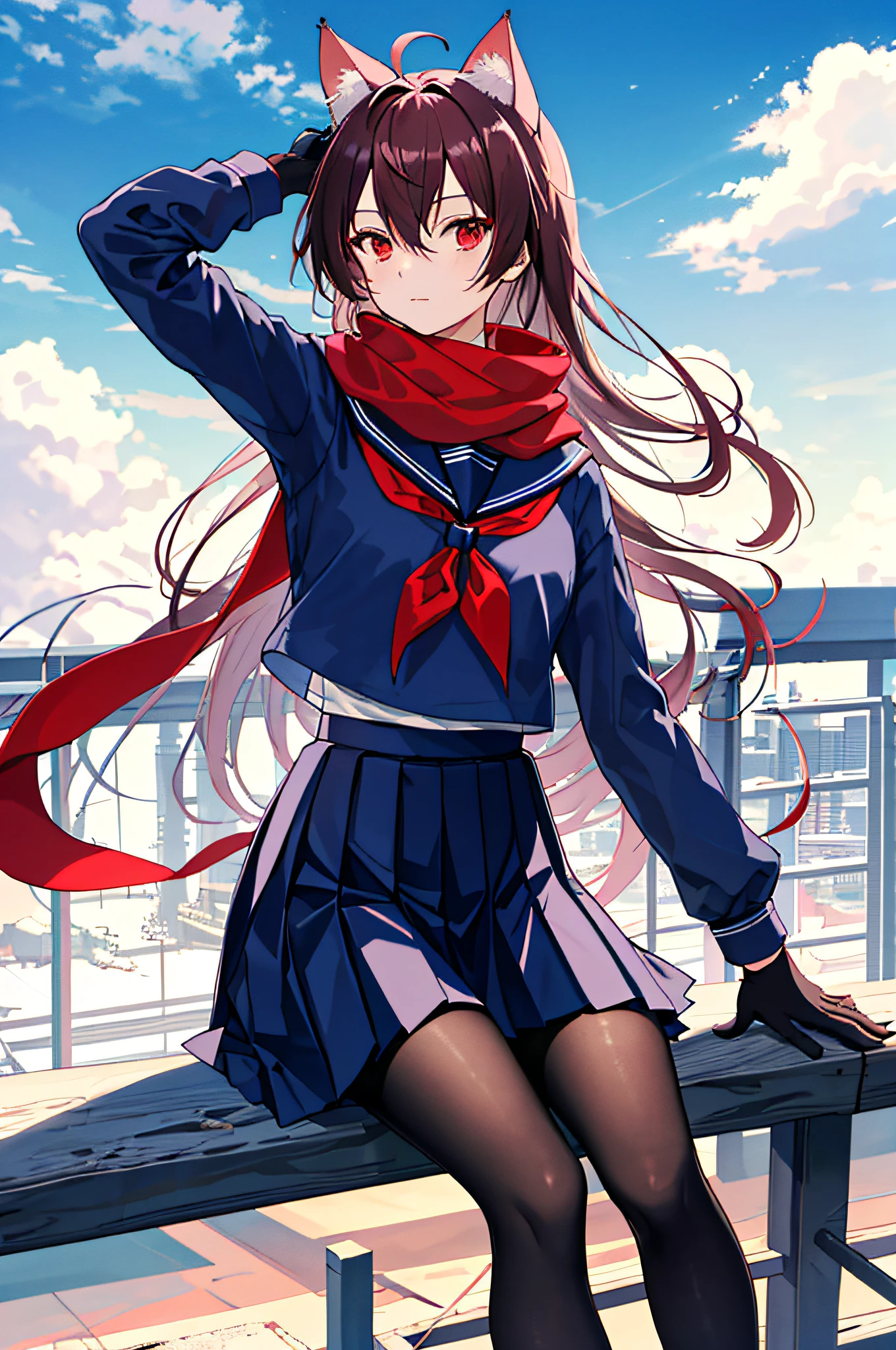 ((masterpiece, best quality)), a girl, solo, skirt, sky, sitting, pantyhose, serafuku, cloud, black gloves, outdoors, neckerchief, day, bangs, fence, shirt, ahoge, rooftop, long hair, white pantyhose, brunette hair, school uniform, white sailor collar, red eyes, sailor collar, blue skirt, red scarf, blue serafuku, animal ears, blue sky, long sleeves, blue shirt, looking at the audience, closed mouth, cat ears, chains- link fence, pleated skirt, cloudy sky, fashionable, woman, vibrant, dressing, sexy, posing, front, colorful, dynamic, background, element, confident, expression, holding, statement, attachment, majestic, coiled, surround, touch, scene, text, cover, bold, eye-catching, stylish, bigger, eye-catching, modern, stylish, focus, stylish,