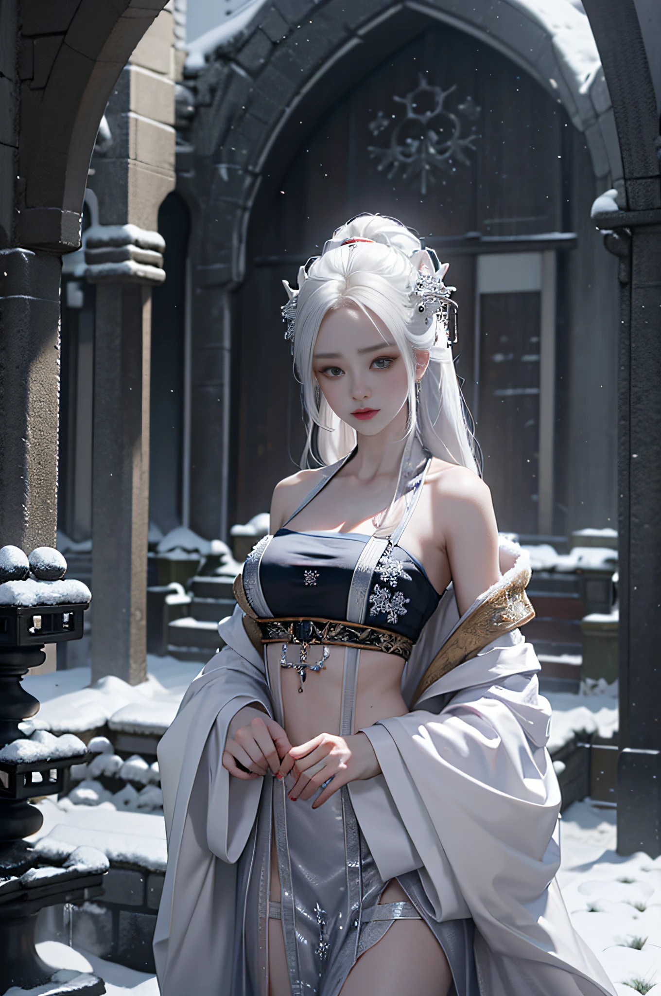 Official Art, Unity 8k wallpaper, super detailed, beautiful, beautiful, masterpiece, best quality, mystery, romanticism, horror, literature, art, fashion, tang dynasty era, decoration, intricate, embroidery, contemplation, white tulle hanfu, plush coat, mink coat, 1 girl, big breasts, transparent clothes, white hair, dramatic composition, cinematic lighting, dynamic perspective, sexy, bare thighs, bare shoulders, temptation, winter, snow, snowflakes flying, smoggy,