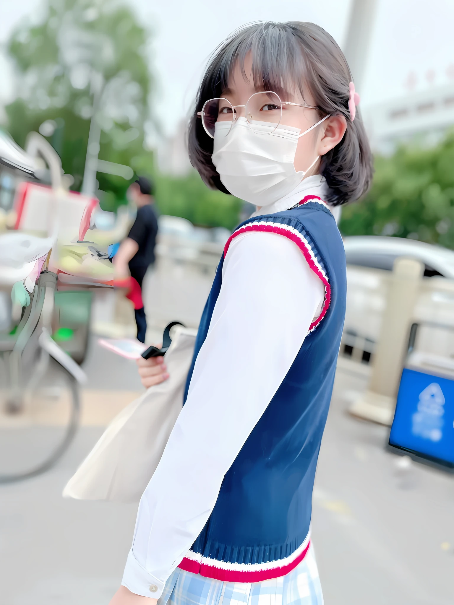 Wearing pleated skirt, white stockings, white sneakers