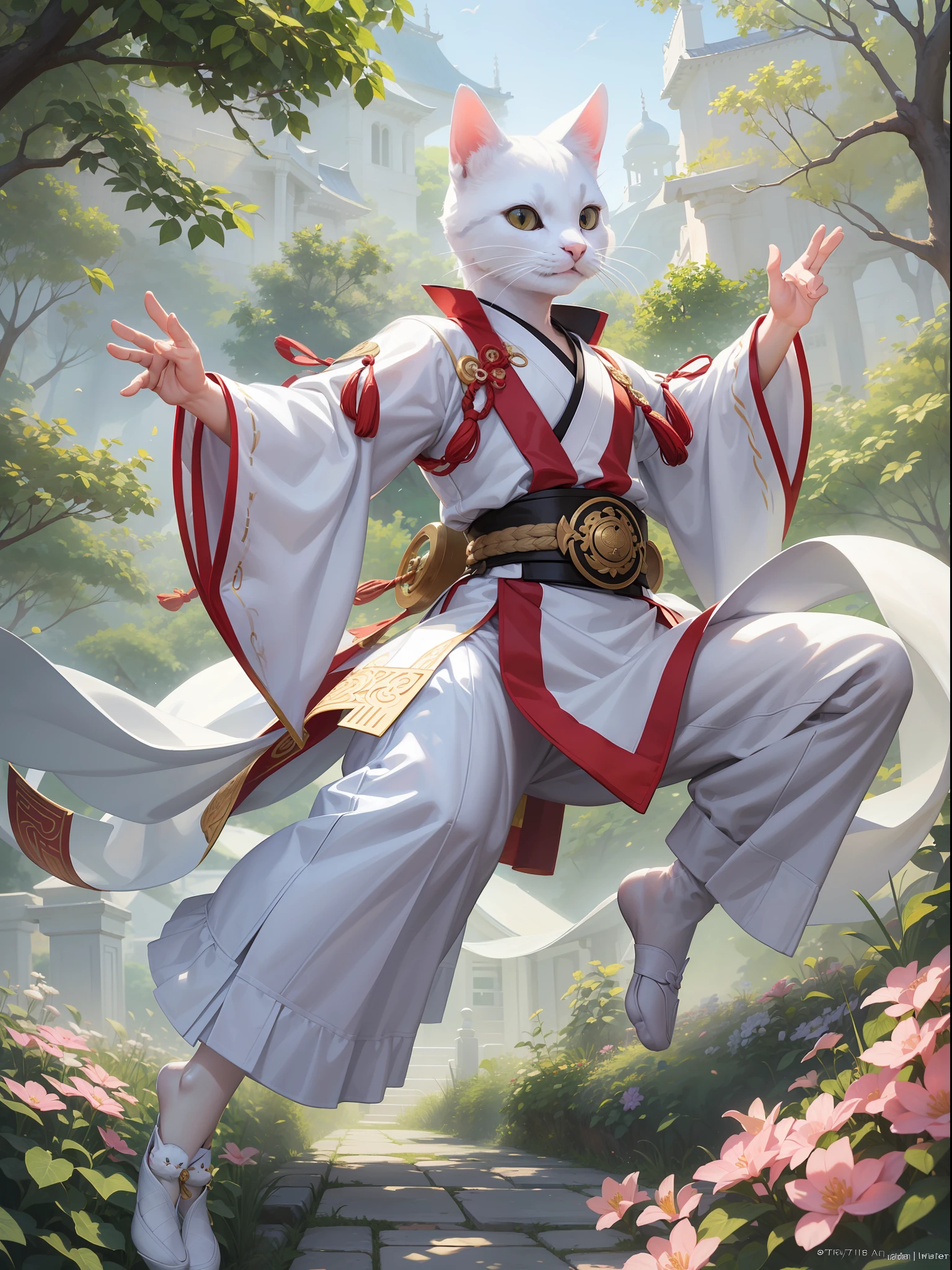 A white cat baby is doing a martial artsmnove, cute,happy,smiling,funny,white background,in the style of historical themes, concept art, oriental, detailed Hanfu costumes,mastery of perspective,realistic,3D