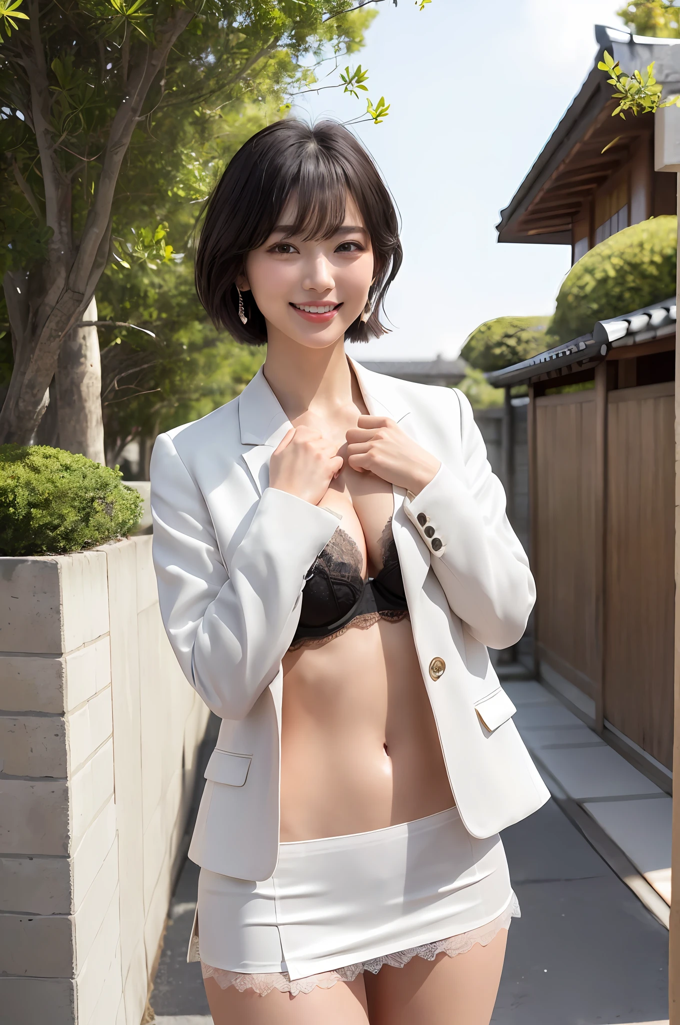 (Photorealistic: 1.4), Masterpiece, Ultra High Resolution, RAW Photo, Best Quality, (Open Smile: 4.0), (Big Smile: 1.5), (White Teeth: 2.0), (Sexy: 1.4), Raw Photo, 1 Beautiful Married Woman Japan 18 years old, Pure White Skin, (Cute: 3.0), (Eyes with Lowered Corners of the Eyes: 2.0), (Large, Round Eyes: 3.0), (Moisturized Eyes: 3.0), ( Upper eye at camera: 3.0), (looking forward: 2.0), (looking forward: 1.5), (eyebrows falling into a figure eight: 2.0), blush, slender, (black short hair: 1.2), bangs down, (hands on chest: 3.0), shirt with clear breast line, (jacket with open chest: 2.0), (short flared mini skirt: 1.4), ( Panty Shot 2.0), Twisted Miniskirt, (Black Lace Panties 2.0), Woman in Suit, Exposed Thighs, Exposed Crotch, Black Lace Bra,