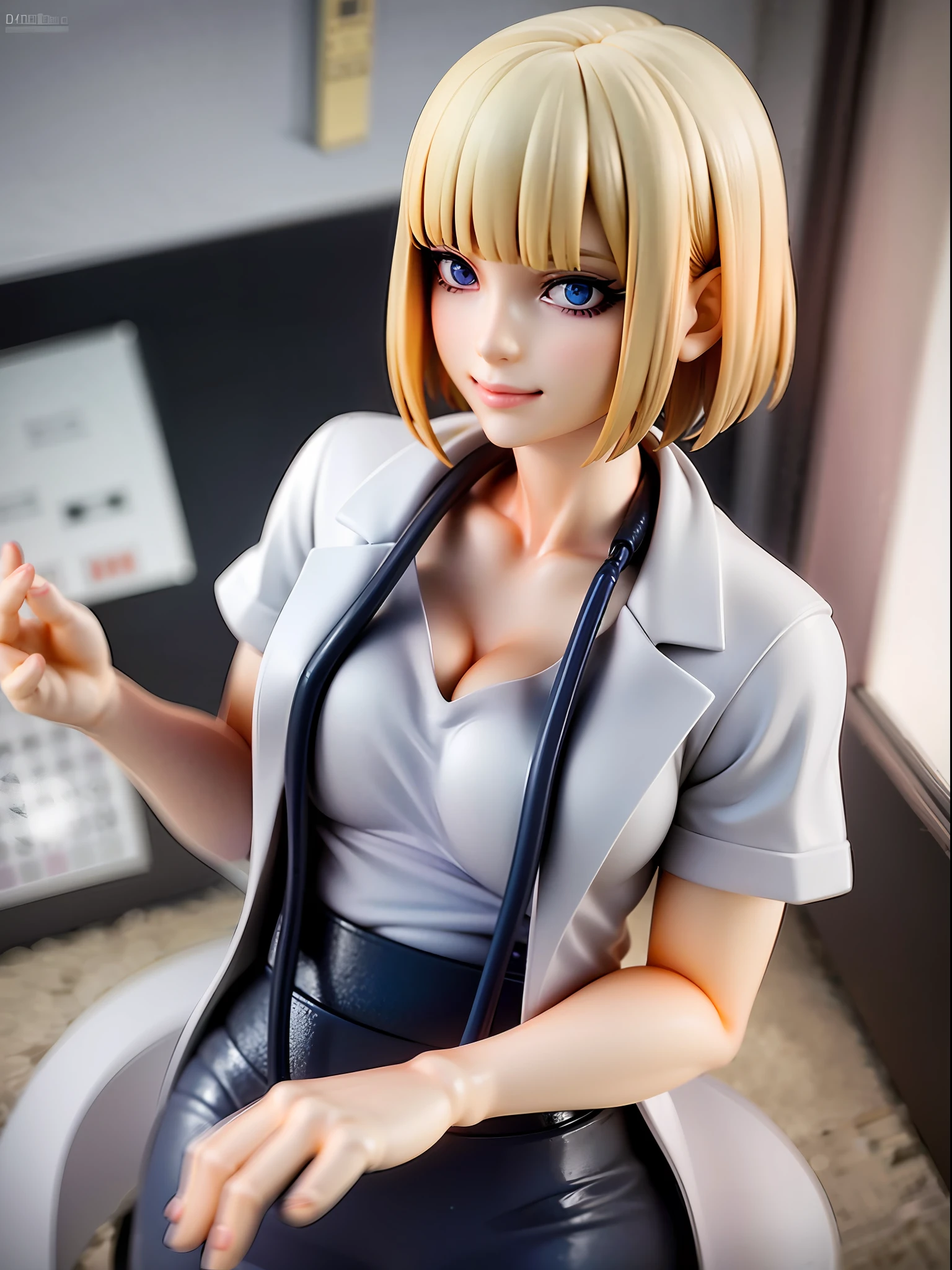 from above,close up, lab coat, evil smile, cigarette, white blouse, black skinny pants, lab coat open, stethoscope around neck, blond wave hair, bob cut, short hair, blue eyes, patient interaction, holding cigarette, holding stethoscope, clinic exam room, patient bed, medical equipment, quiet town outside window