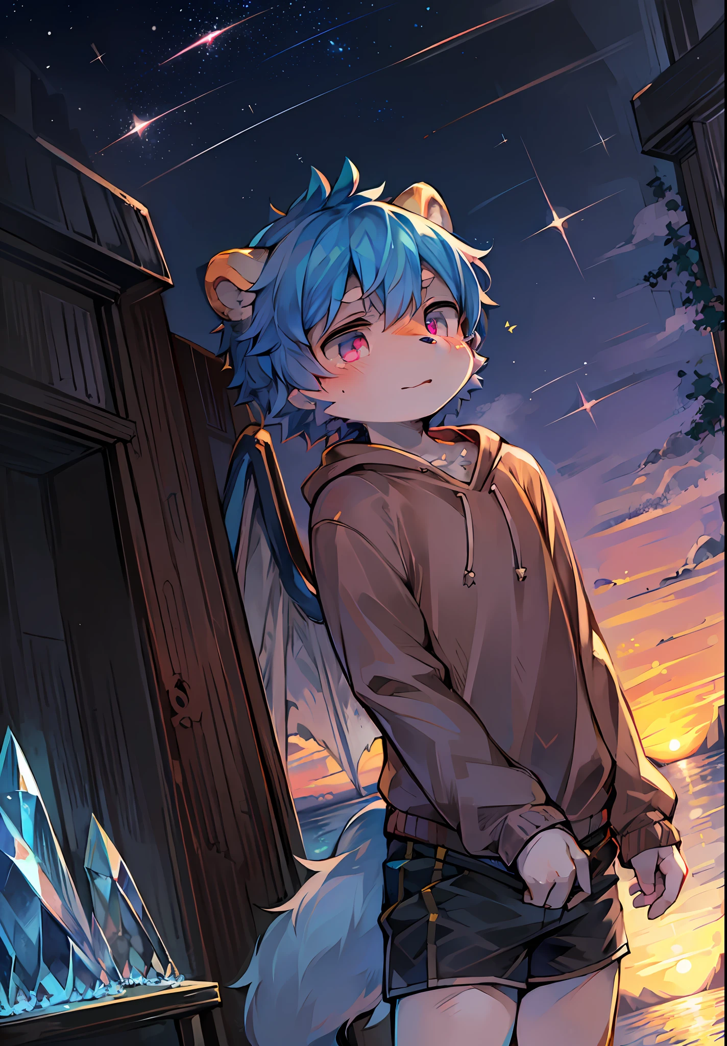 (Bright Environment: 0.8), Masterpiece, High Quality, Abstract Res, Digital Painting\(artwork\), by Dagasi, Yupa, Kiyosan, (Anthro, Fluffy Fur, Character Focus: 1.1), Short Hair, Portrait, Twinkle Eyes, Panorama (detailed background:0.7) Hairy, male, juvenile, wings (loose shorts, sweatshirt, fluffy tail, blue-pink eyes, blue hair: 1.2), (bear, shooting star, tear, crystal: 1.2), (sunset, ocean, bright, moon: 1.1)