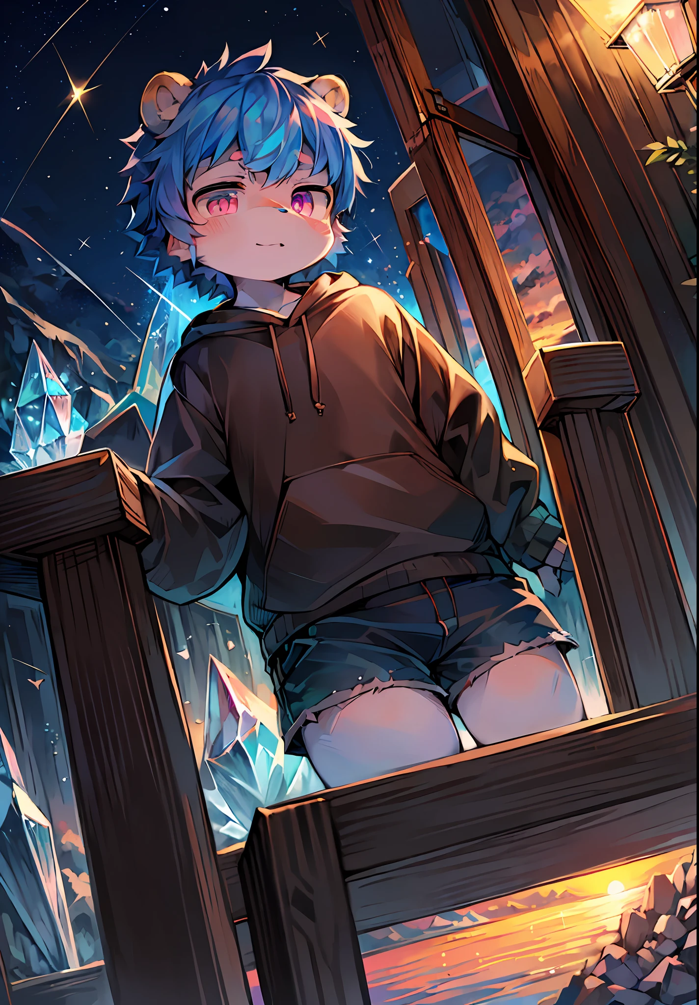 (Bright Environment: 0.8), Masterpiece, High Quality, Abstract Res, Digital Painting\(artwork\), by Dagasi, Yupa, Kiyosan, (Anthro, Fluffy Fur, Character Focus: 1.1), Short Hair, Portrait, Twinkle Eyes, Panorama (detailed background:0.7) Hairy, male, juvenile, wings (loose shorts, sweatshirt, fluffy tail, blue-pink eyes, blue hair: 1.2), (bear, shooting star, tear, crystal: 1.2), (sunset, ocean, bright, moon: 1.1)