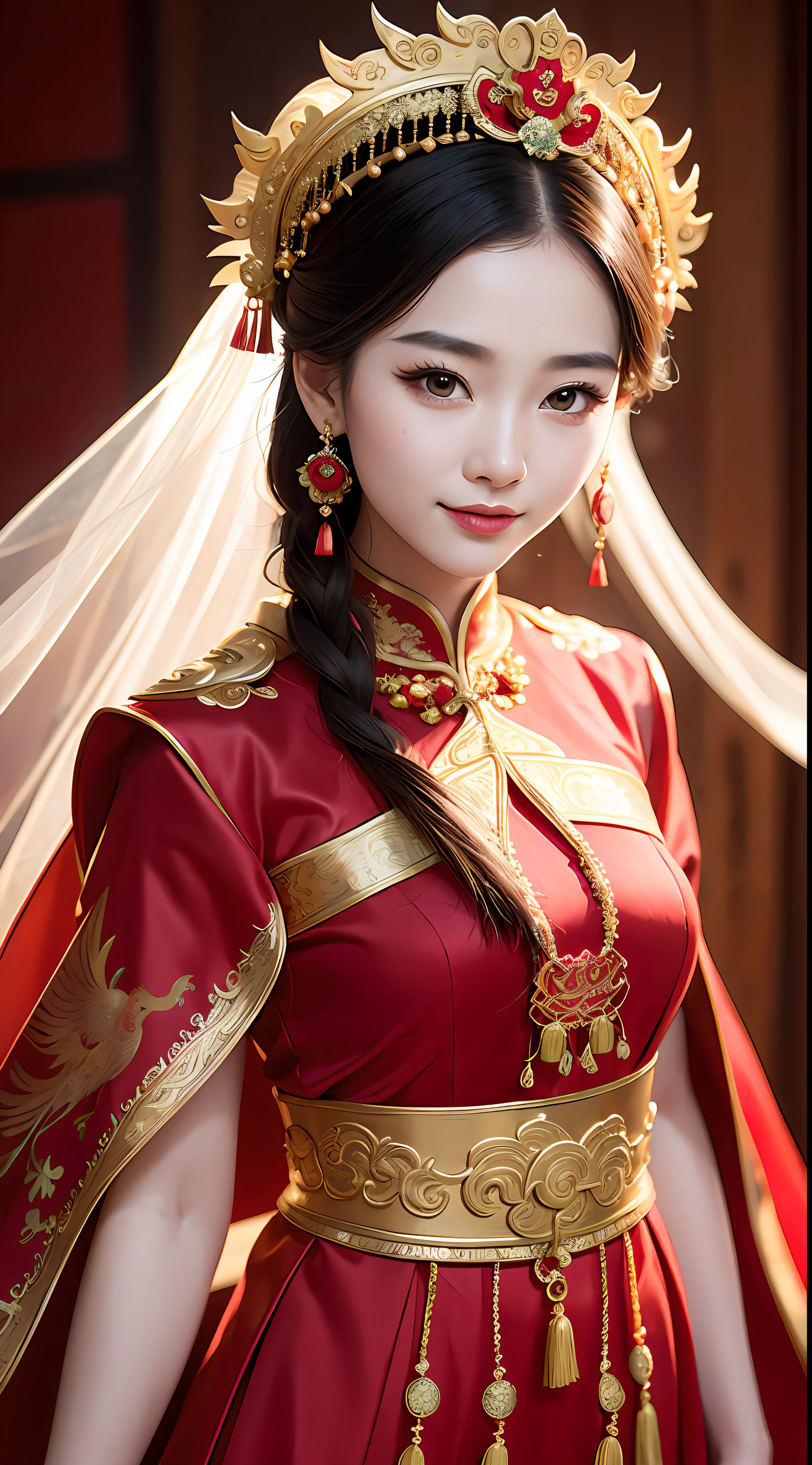 (8k, RAW photo, best quality, masterpiece: 1.2), (realistic, realistic: 1.37), 1 girl, Aalfi woman posing in red dress and headdress, gorgeous cosplay, beautiful costume, traditional Chinese bridal dress, complex dress, complex costume, traditional beauty, gorgeous Chinese model, Chinese costume, inspired by Lanying, wearing gorgeous costume, inspired by Puhua, wearing elegant Chinese Xiuhe dress, Chinese wedding dress, phoenix crown xia, antique bride, xiuhe dress , close-up, close-up, smile, complex dragon and phoenix patterns