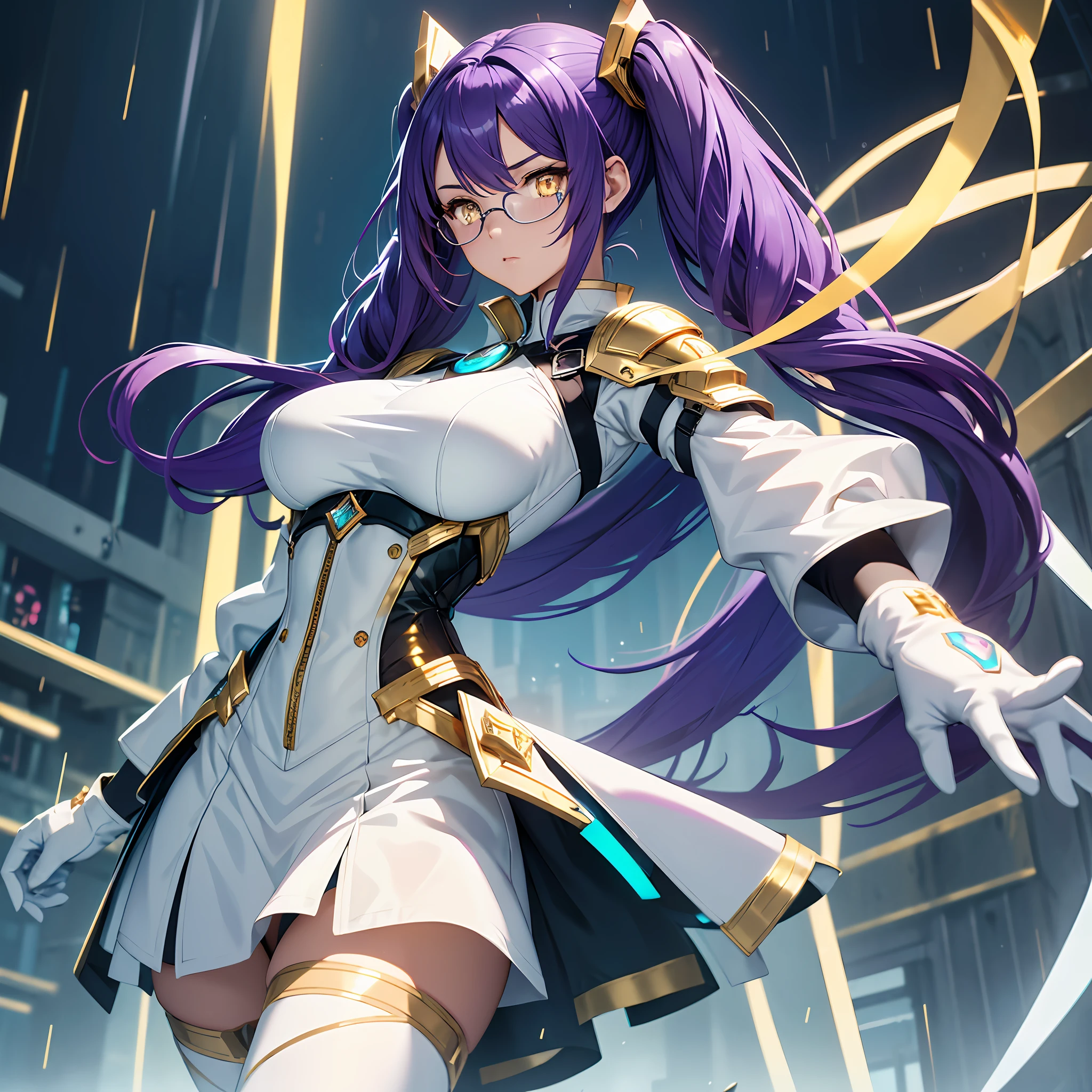 ({best quality}),(Ultra Fine),single girl,alone,19 years old,well_developed curves,curvaceous_body,hourglass_figure,perspective,beautiful_face,high_quality_outfits,futuristic_outfits,silght_blush,full_body,full detail face,protective outfits,Honkai_Impact;
(Violet hair:1.5),indigo hair tips,violet (helix-shaped twintails:1.1),two long fin-shaped white hairclips,pointing upwards;(golden eyes:1.8),( white hilted pupils:1.4),golden holographic one-piece goggle glasses on eyes;one hexagon aqua locket on breast;
Futuristic battlesuit,armored battlesuit,combat ready,covering all body,fitting body curves,white electronic shoulder bracers,black long slender sleeves,ceramic mechanic white arm bracers with aqua trims,black gloves,white tanktop with aqua trim,black armored corset,two aqua buttons,aqua zipper along corset,white waistband with four gadget holsters,an aqua stripe framing breast,(white scifi armor dress,knee-length hems),(,white and aqua-edged armor tassets),(white pantyhose) with hexagon aqua linings,silver waistband with gadget holsters,knee bracers;silver mechanic boots,heeled boots; White mechanic backpack on back;
Rainy weather,night,stormy sky in background,heavy rain weather,raindrop on face,floating in midair,overlooking city from midair,calm expression,vigilat gaze,stretching hands,standing,looking forwards