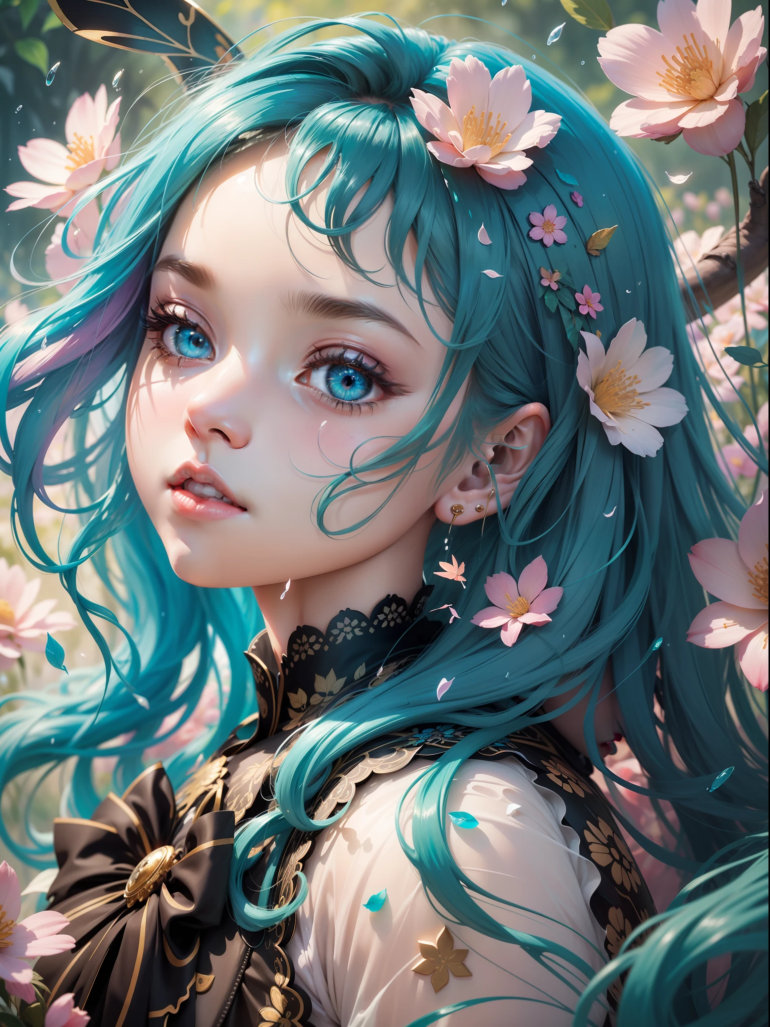 liquid sculpture installation, Art by Ross Tran and Henri Rousseau, music notes theme, stunningly beautiful model (India Eisley), hyperdetail eyes and face, extreme camera angle, perfect makeup an enchanted garden where flowers made of colored liquid are in mid-bloom, petals dripping and splashing as they sway to a celestial rhythm, droplets splattering in musical notes, leaves swirling, and butterflies made of liquid gold fluttering among the liquid flowers, colored liquid petals in the midst of dripping and splashing, a garden of flowers and fauna made from liquid in motion, turquoise sky with swirls of pastel pink and wispy clouds, exhilarating, vibrant, and joyously rhythmic, fluid realism combined with fantastical elements, hyperdetail eyes and face, perfect composition, cinematic lighting, centered, color splash, black lines, depth of field, extreme camera angle.🧸, hidden teddy bear.