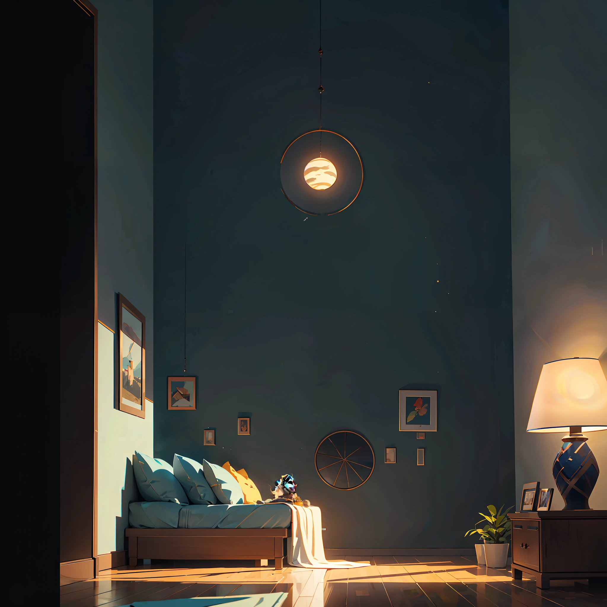 game engine rendering, c4D, perspective, high resolution, masterpiece, super high quality rendering, clear lines, geometry, masterpiece, best quality, official art, extremely detailed CGunity 8K wallpaper, rawe very detailed, illustration, unreal engine, art station, unreal 5, daz, surrealism, octane rendering, high quality shadows, games, (game concept art design: 1.1), night, moonlight, platform, (night: 1.3), (interior: 1.3), apartment bedroom, sofa, (large window), night view outside the window, (girl lying in bed), table, doll, isometric view