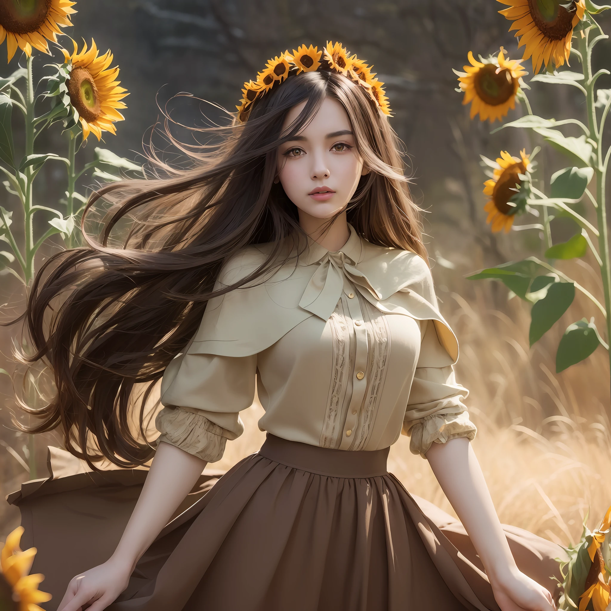 (high quality illustration,masterpiece,best quality),(attractive girl:1.5,dark ash brown hair:1.3,cute brown eyes,attractive lips,beautiful blouse,long skirt),(holding hair,stylish pose:1.2),(field of sunflowers:1.2), looking at the camera, medium angel shot, extremely detailed image, hyper detailed face and body, 32K, holographic, volumetric and cinematic lighting effects ((2.0))