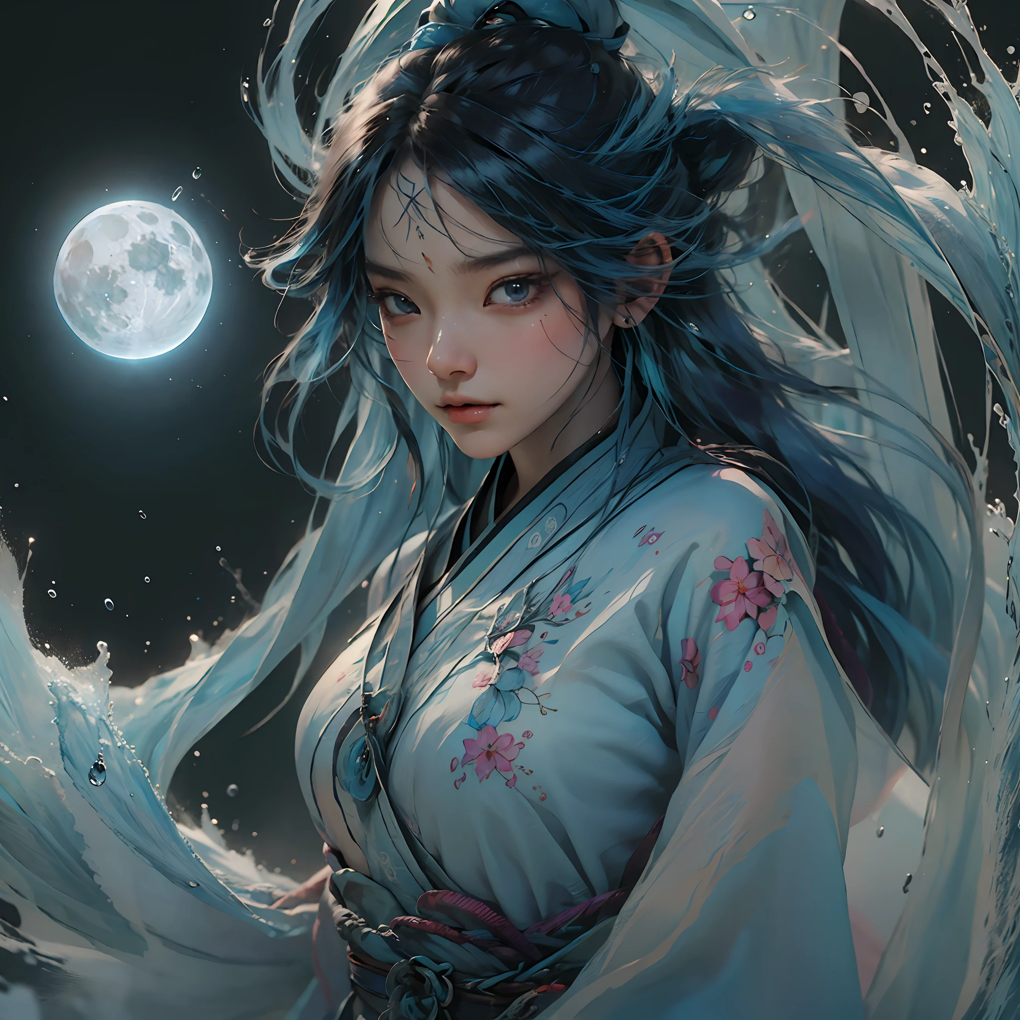 (8k, RAW photo:1.2), best quality, ultra high res,dramatic angle,(fluttered detailed color splashs), (illustration),(((1 girl))),(long hair),(rain:0.9), (头饰:1.4),少女身边有一座古宫,汉服,(重点),彩色水墨画,(泼彩),泼彩,(((colorful))),(素描:0.8) , Masterpiece, best quality, beautiful painted, highly detailed,(denoising:0.6),[splash ink],((ink refraction)), (beautiful detailed sky),moon,highly,detaild,(masterpiece, best quality, extremely detailed） CG unity 8k壁纸，杰作，最好的质量，超详细），（石蒜），