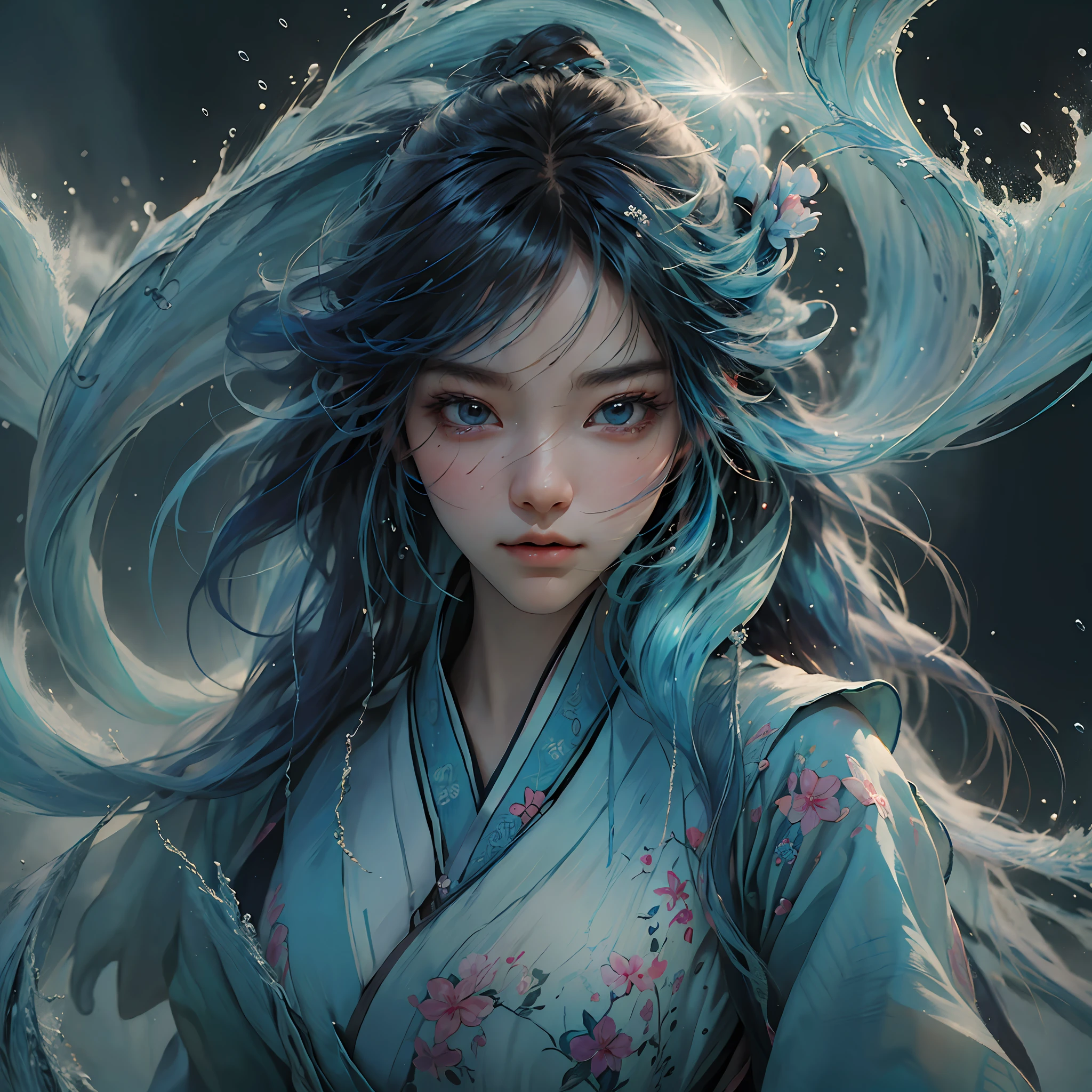 (8k, RAW photo:1.2), best quality, ultra high res,dramatic angle,(fluttered detailed color splashs), (illustration),(((1 girl))),(long hair),(rain:0.9), (头饰:1.4),少女身边有一座古宫,汉服,(重点),彩色水墨画,(泼彩),泼彩,(((colorful))),(素描:0.8) , Masterpiece, best quality, beautiful painted, highly detailed,(denoising:0.6),[splash ink],((ink refraction)), (beautiful detailed sky),moon,highly,detaild,(masterpiece, best quality, extremely detailed） CG unity 8k壁纸，杰作，最好的质量，超详细），（石蒜），