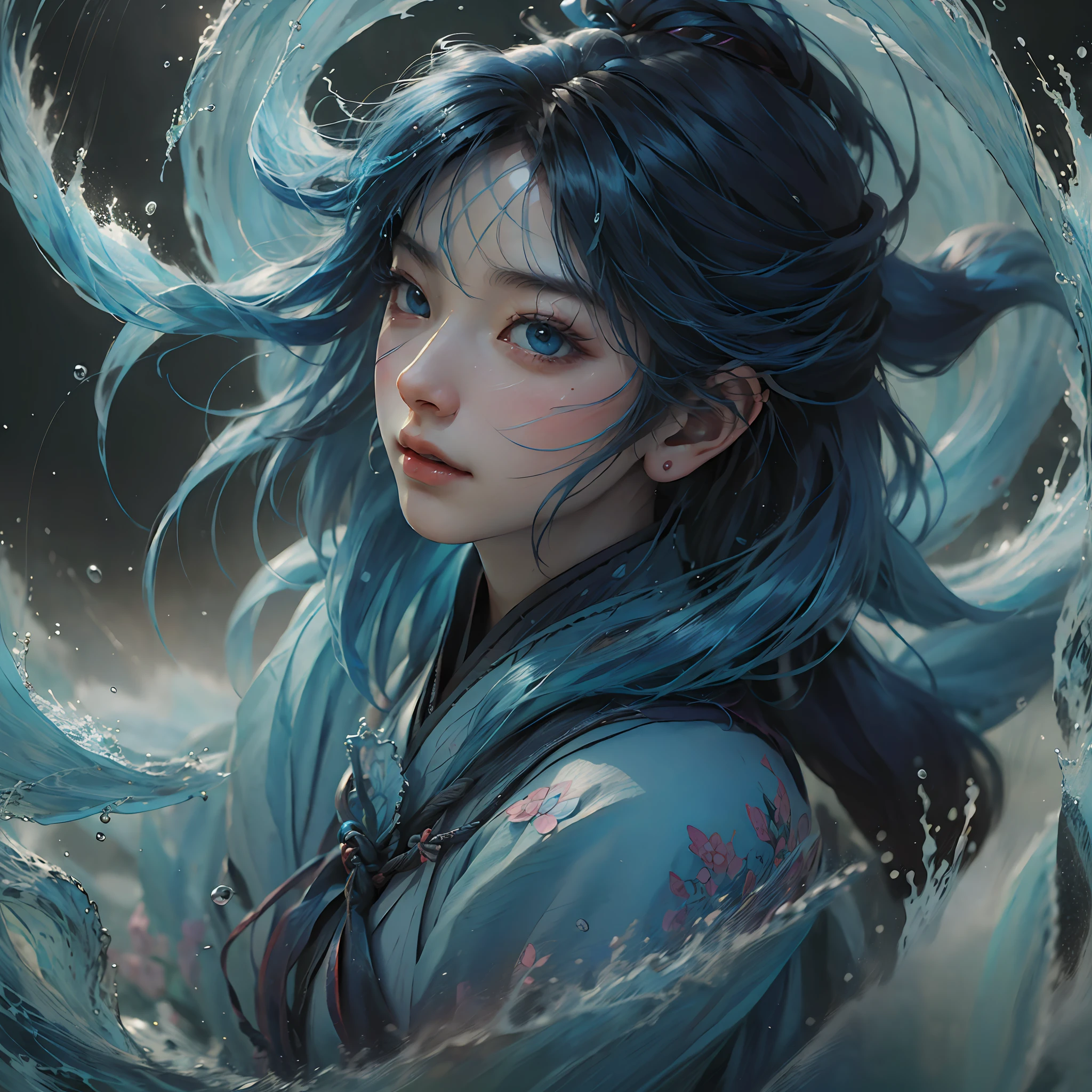 (8k, RAW photo:1.2), best quality, ultra high res,dramatic angle,(fluttered detailed color splashs), (illustration),(((1 girl))),(long hair),(rain:0.9), (头饰:1.4),少女身边有一座古宫,汉服,(重点),彩色水墨画,(泼彩),泼彩,(((colorful))),(素描:0.8) , Masterpiece, best quality, beautiful painted, highly detailed,(denoising:0.6),[splash ink],((ink refraction)), (beautiful detailed sky),moon,highly,detaild,(masterpiece, best quality, extremely detailed） CG unity 8k壁纸，杰作，最好的质量，超详细），（石蒜），