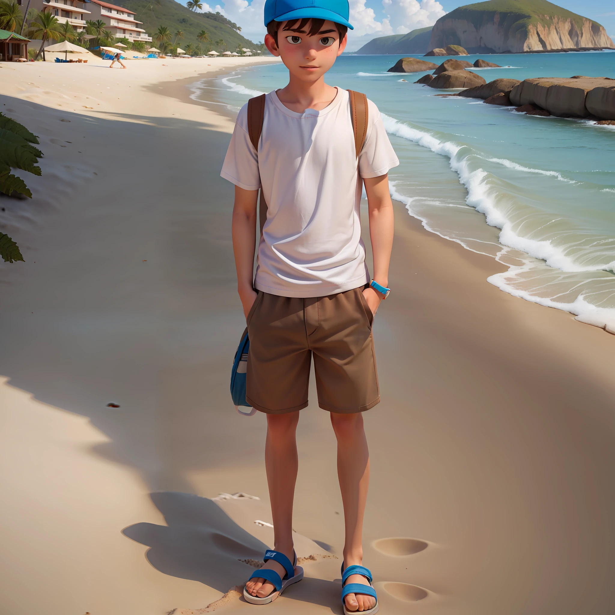 (1 ager named Mike), (wearing a white t-shirt, cap, brown shorts, flip-flops), (beach in the background)
