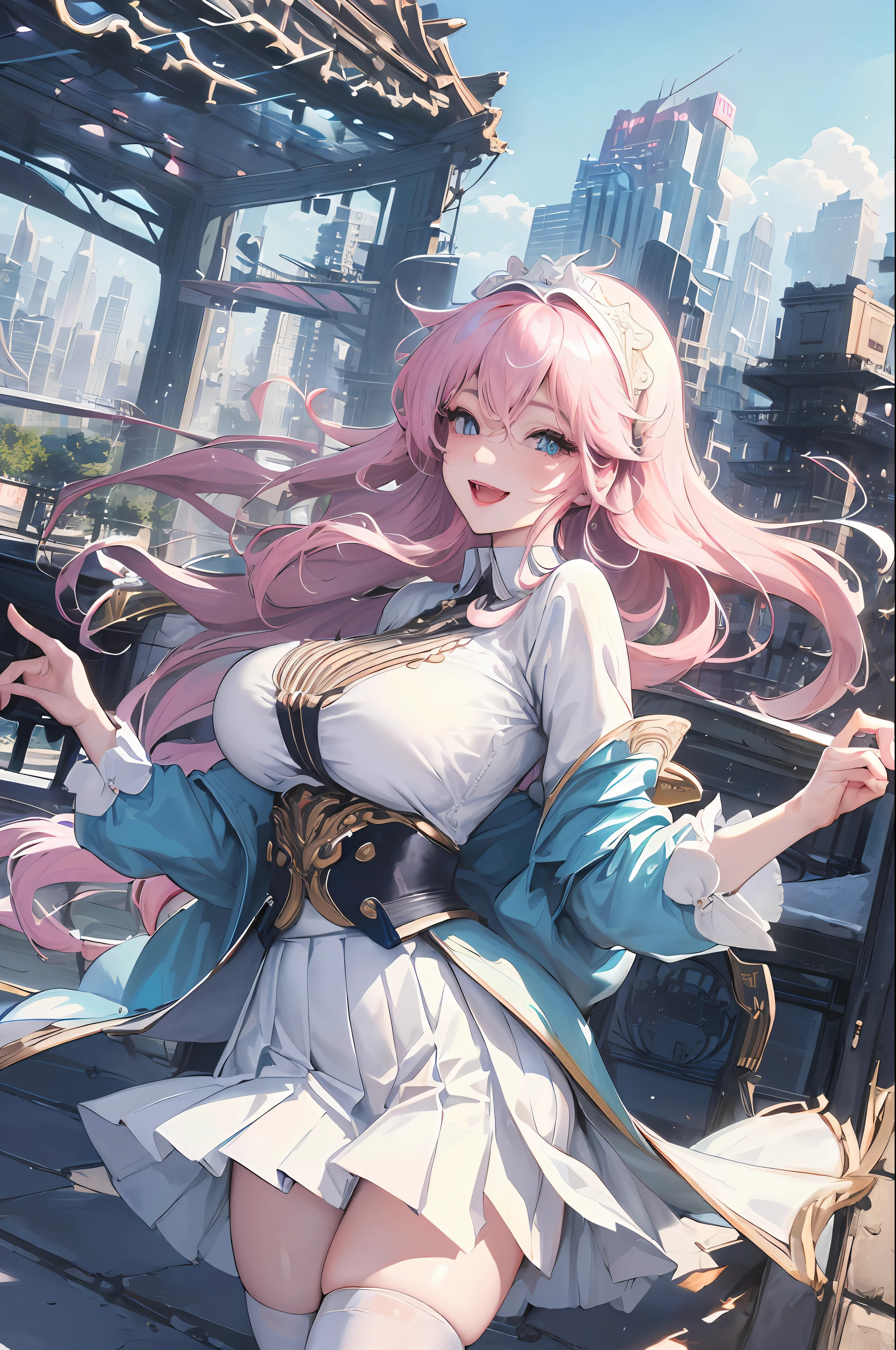 Official Art, Masterpiece, Sharp Focus, (Beautiful Gorgeous Cute Korean Woman: 1.3), (Beautiful Cute Korean: 1.3), Korean Beauty, Delicate Beautiful Hair and Eyes and Face, Realistic, Ultra Detailed, Beautiful Girl, Blue Sky, Glowing White Particles, (Sidelighting: 1.2), Sunlight, White Clouds, Delicate Clouds, Slender, Cute Big Breasts Big Buttocks, Toothy Laughing, ((Laughing with Eyes Open)), Landscape, Long Straight Hair, Sexy Facial Expressions, Architecture, ( Cityscape:1.7), Dynamic Hair, Long Straight Hair, Delicate Platinum Pink Hair, Glowing Blue Eyes, (Blue Pleated Shirt + White Skirt), White Stockings, Pale Skin, Hair Accessories, Epic Landscape, Black Stockings