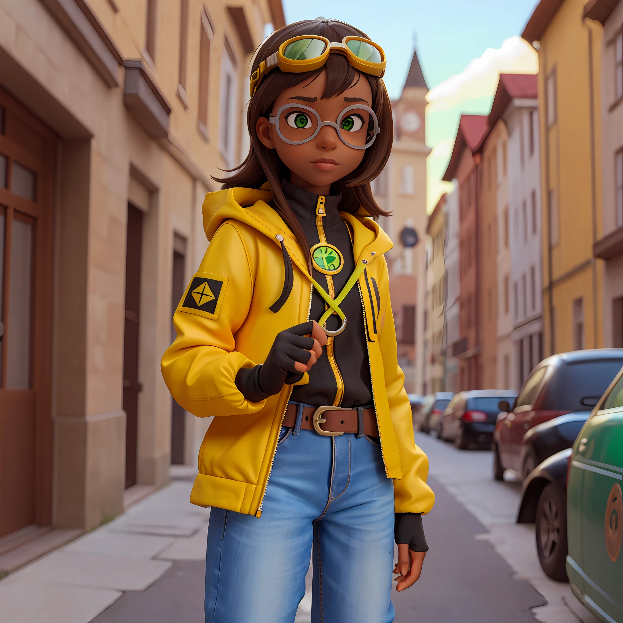 (1 girl, s old named Sofia), (black skin, light brown hair, green eyes), (wearing a yellow jacket, watch, fingerless gloves, goggles on forehead, black jeans, protective boots)