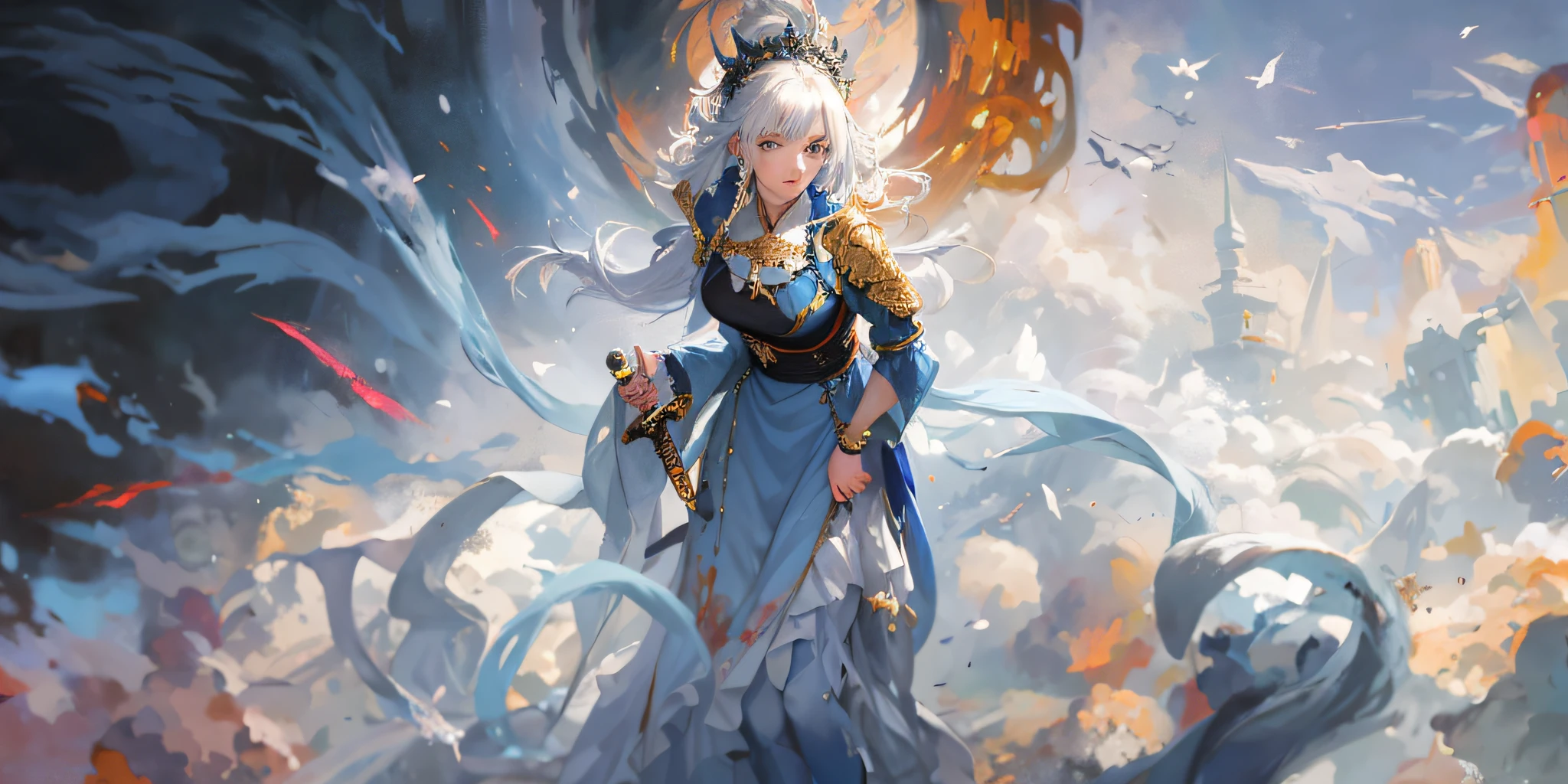 Anime - a painting in the style of a woman in a blue dress with a sword, a white-haired deity,