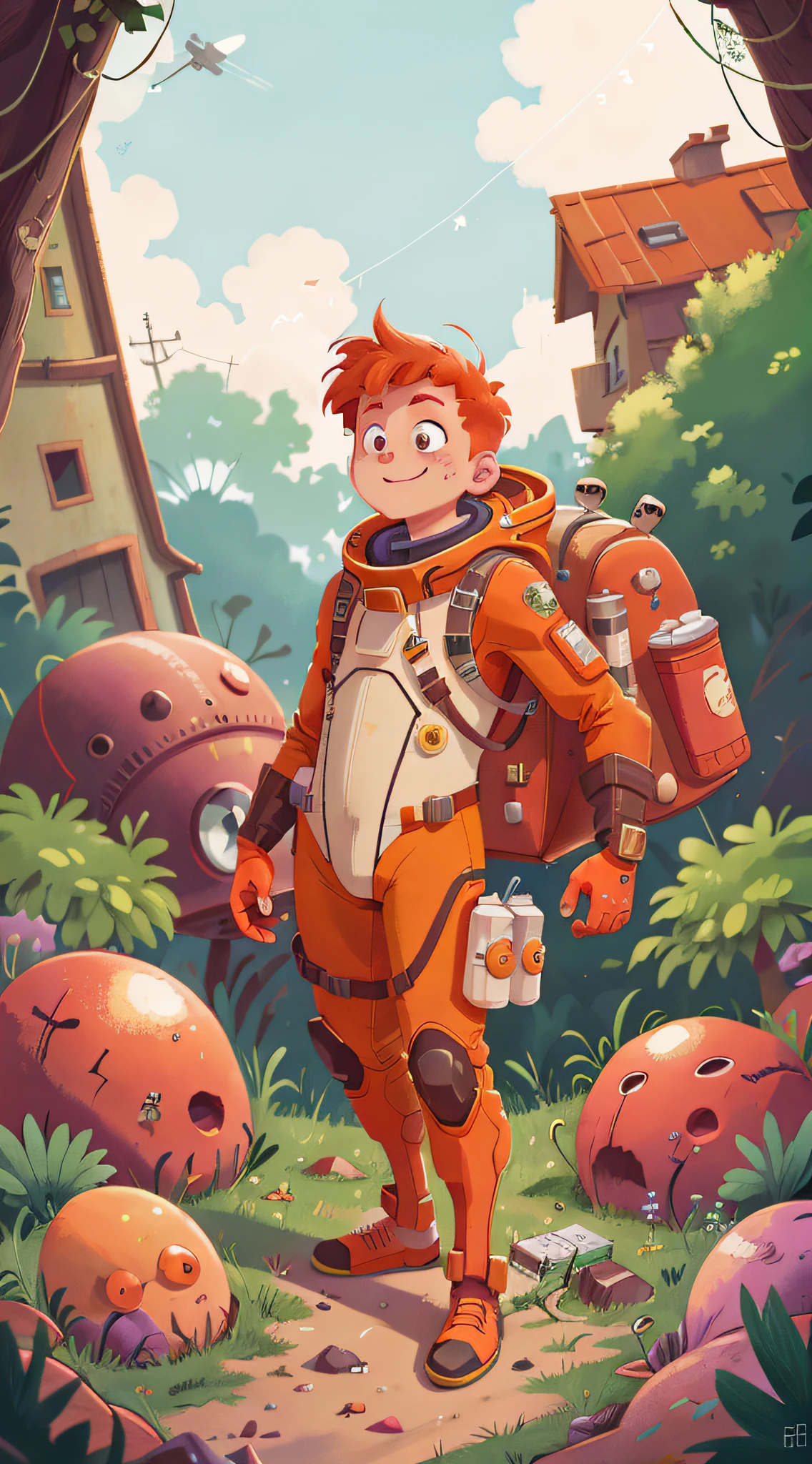 (Scifi) A red-haired man, space adventure, (orange space suit), backpack, abandoned city, power cables, dirt, garbage, abandoned old house in the background, happy, happy, perfect quality, clear focus (clutter - house: 0.8), (masterpiece: 1.2) (realistic: 1.2) (bokeh) (best quality) (detailed skin: 1.3) (complex details) (8K) (detail eyes) (sharp focus), (happy), (male body)(full body) (proportional whole body) (orange space suit),  clean background, long view composition, 85MM SHOT