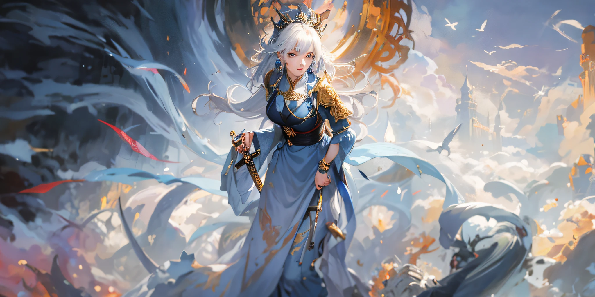 Anime - a painting in the style of a woman in a blue dress with a sword, a white-haired deity,