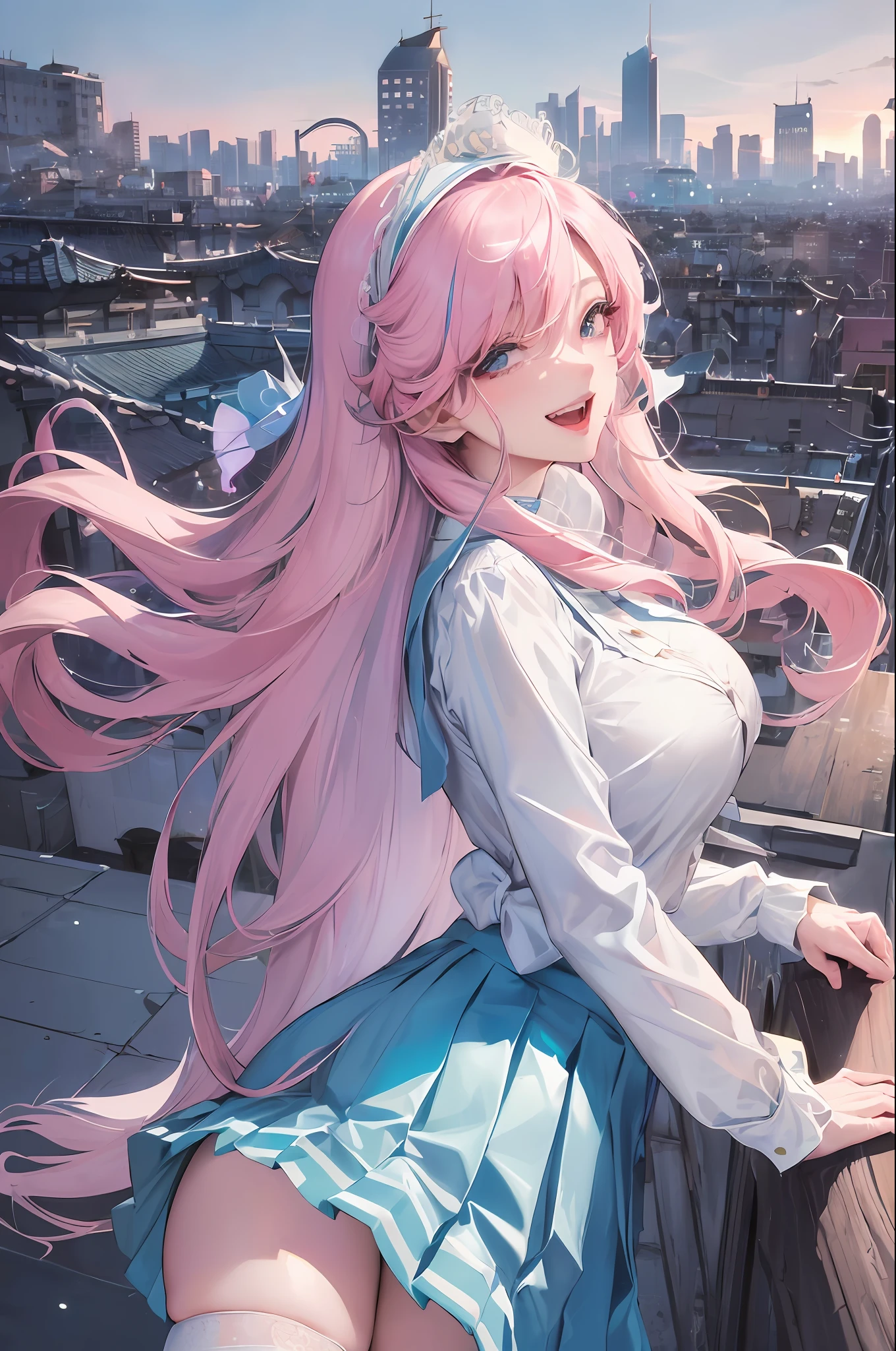 Official Art, Masterpiece, Sharp Focus, (Beautiful Gorgeous Cute Korean Woman: 1.3), (Beautiful Cute Korean: 1.3), Korean Beauty, Delicate Beautiful Hair and Eyes and Face, Realistic, Ultra Detailed, Beautiful Girl, Blue Sky, Glowing White Particles, (Sidelighting: 1.2), Sunlight, White Clouds, Delicate Clouds, Slender, Cute Big Breasts Big Buttocks, Toothy Laughing, ((Laughing with Eyes Open)), Landscape, Long Straight Hair, Sexy Facial Expressions, Architecture, ( Cityscape:1.7), Dynamic Hair, Long Straight Hair, Delicate Platinum Pink Hair, Glowing Blue Eyes, (Blue Pleated Shirt + White Skirt), White Stockings, Pale Skin, Hair Accessories, Epic Landscape, Black Stockings