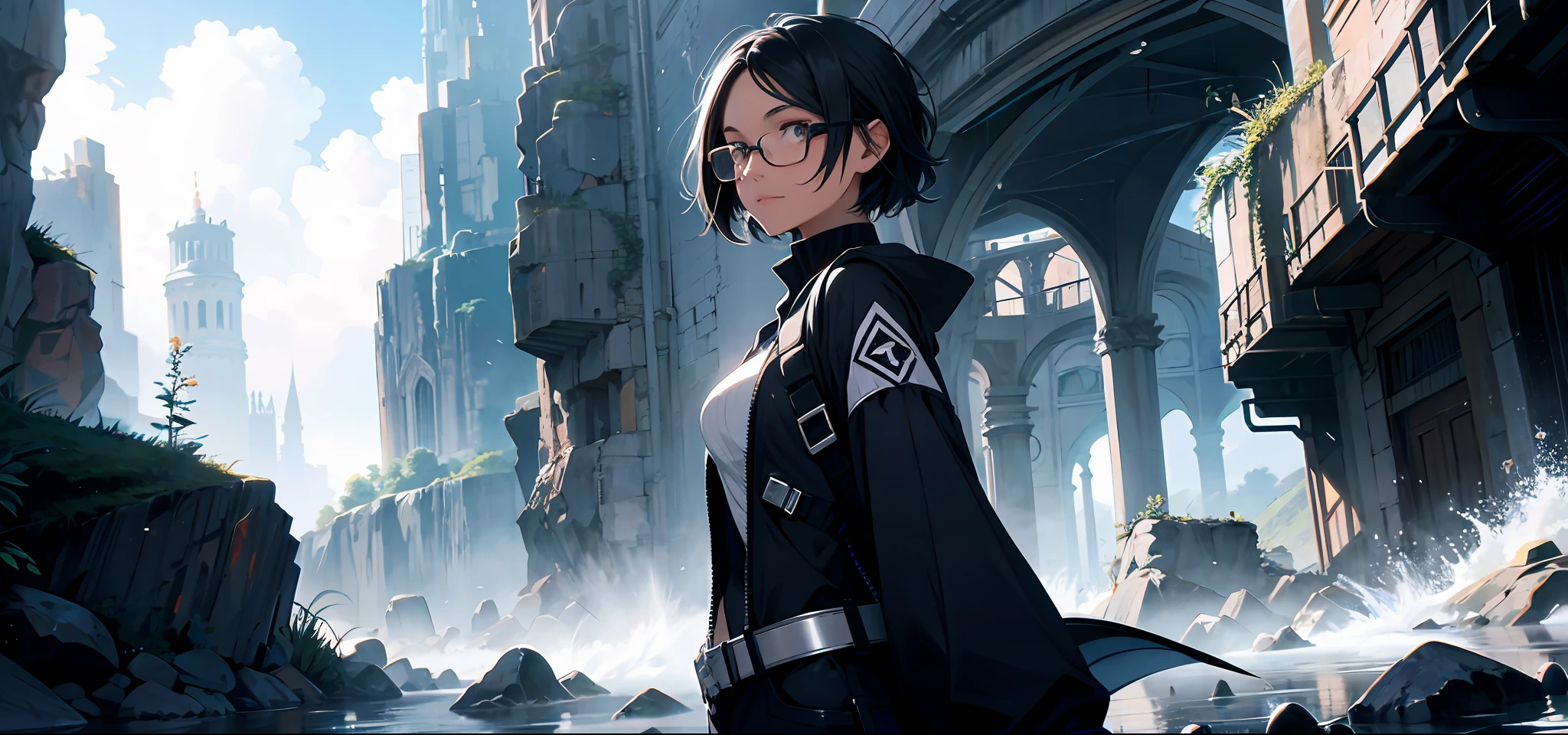 Intrigued by the possibilities, Dr. Collins couldn't resist the temptation to explore these alternate realities. With a mix of excitement and trepidation, she stepped through the portal, venturing into unknown territories. Each realm she encountered was distinct, with its own landscapes, creatures, and even different laws of nature.
1 girl, black hair, short hair, glasses (dynamic pose:1.3, black eyes, sparkling girl), looking at the horizon