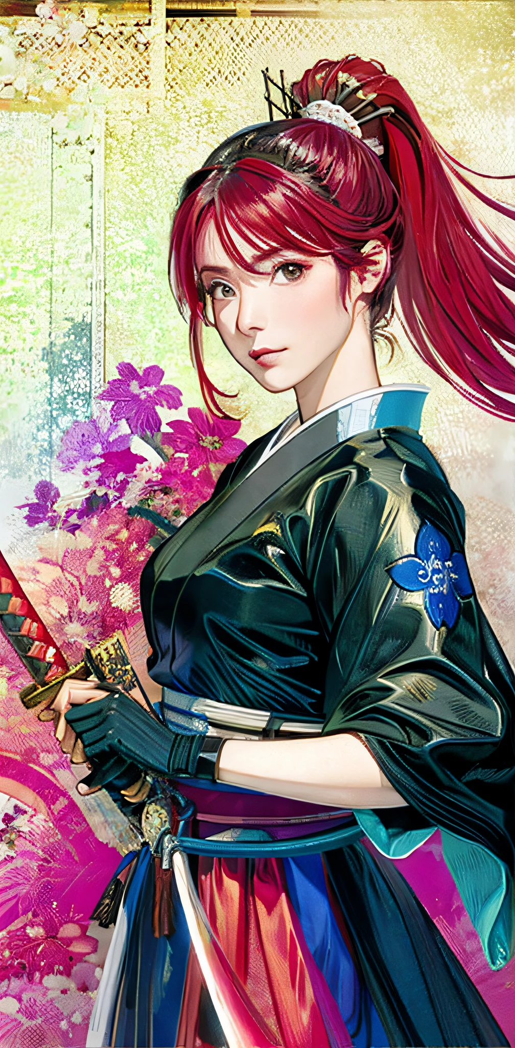 Japanese samurai, holding a katana, crimson hair,