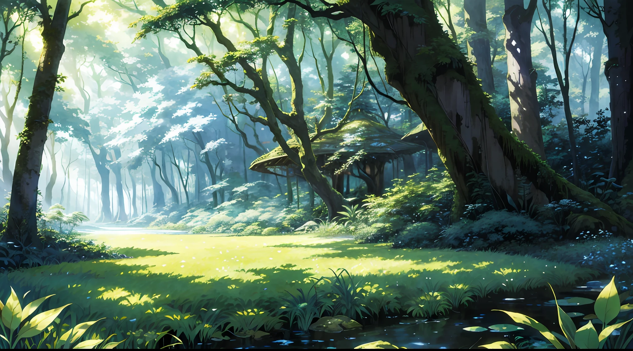 fantasy forest, Ghibli style, vibrant and lush, High quality, detailed foliage with towering trees, Sunlight filtering through the canopy, creating magical patterns on the ground, Gentle, serene ambiance with hints of mystical creatures in the distance, Soft, pastel color palette that evokes a sense of wonder and enchantment, overgrown, vast