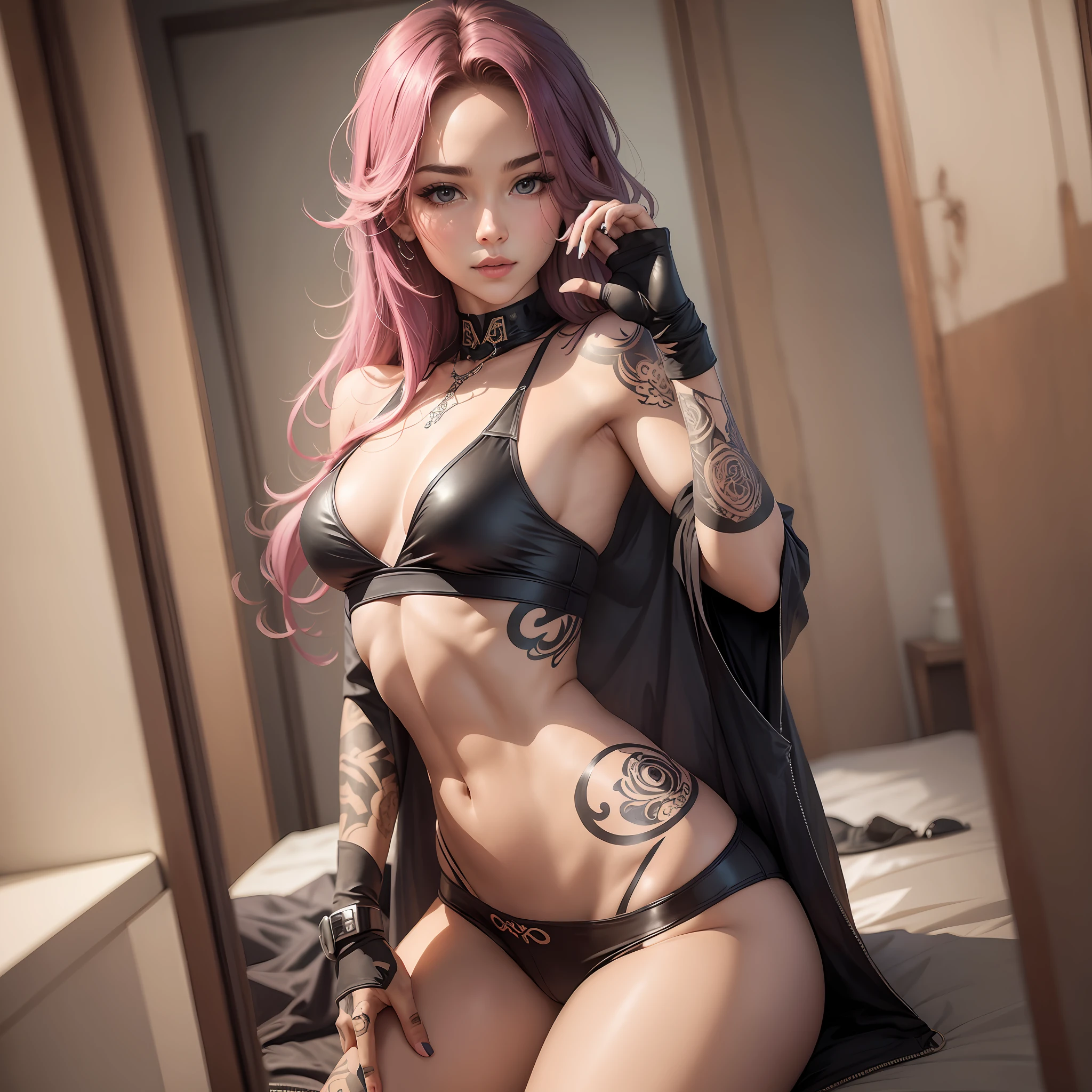 A beautiful girl, six pack, tatoo, seducing pose