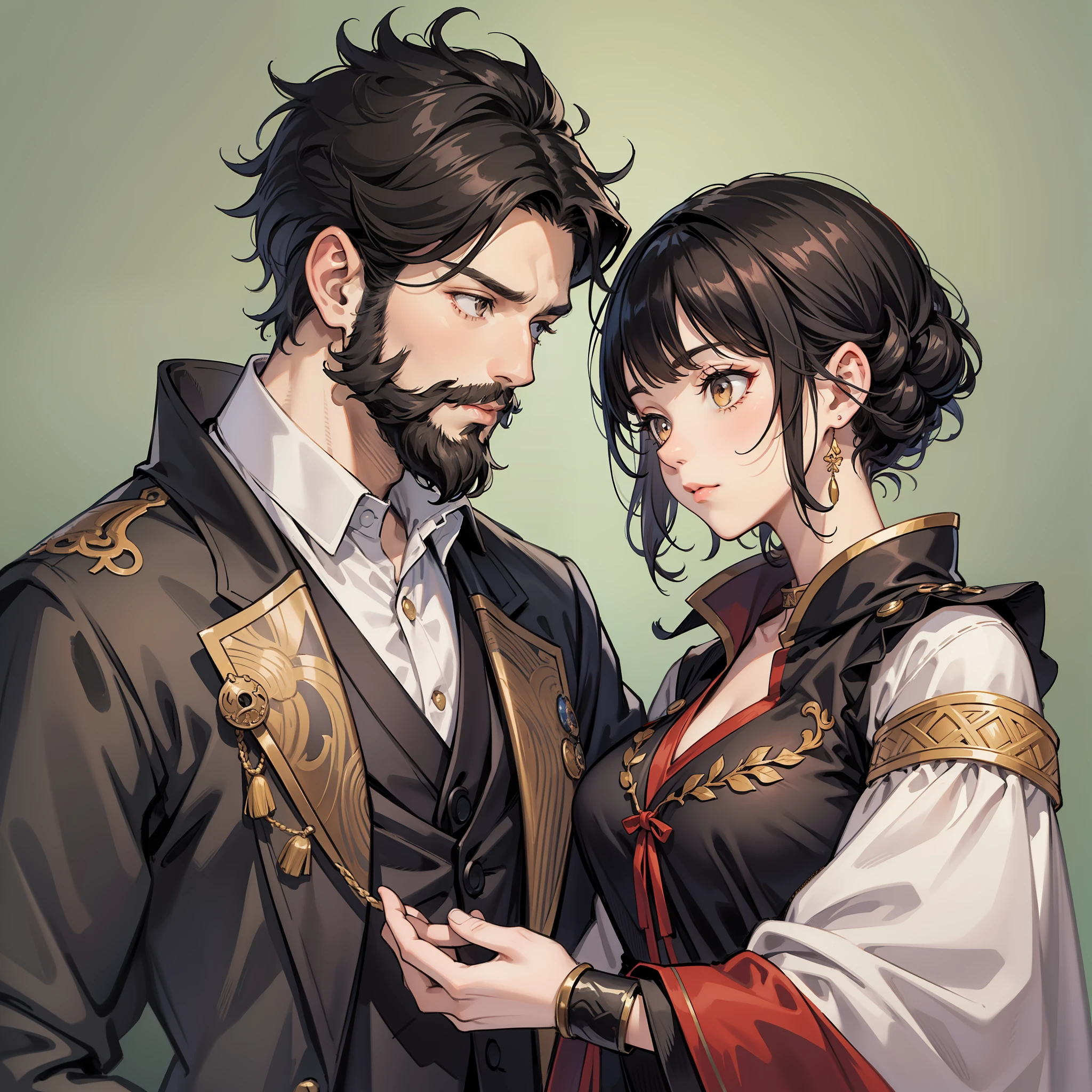 Couple (Cute tall man) Short beard, Short woman curled short black hair (oriental detailed background)castle, nobility, simple clothes, cute couple