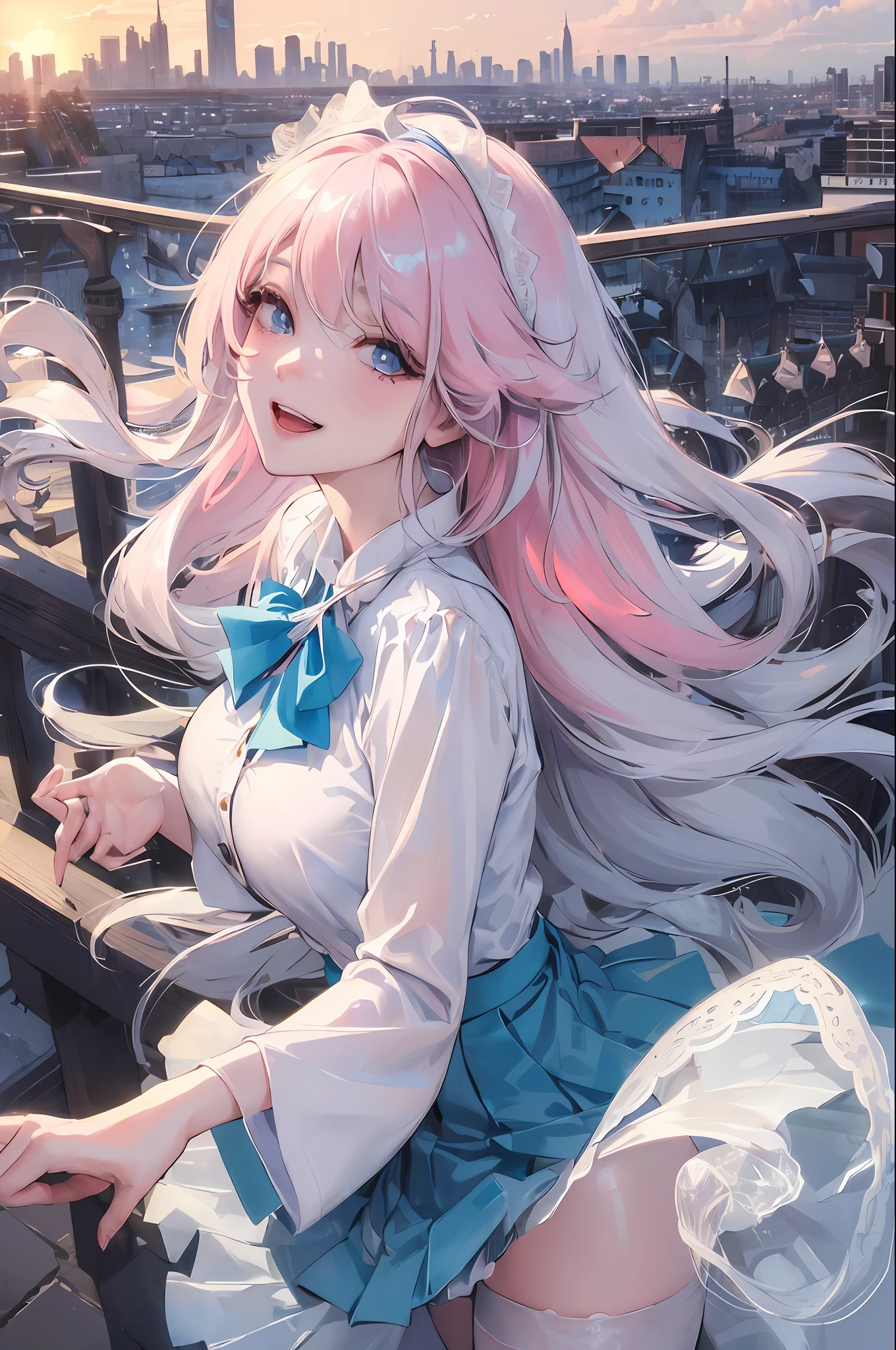 Official Art, Masterpiece, Sharp Focus, (Beautiful Gorgeous Cute Korean Woman: 1.3), (Beautiful Cute Korean: 1.3), Korean Beauty, Delicate Beautiful Hair and Eyes and Face, Realistic, Ultra Detailed, Beautiful Girl, Blue Sky, Glowing White Particles, (Sidelighting: 1.2), Sunlight, White Clouds, Delicate Clouds, Slender, Cute Big Breasts Big Buttocks, Toothy Laughing, ((Laughing with Eyes Open)), Landscape, Long Straight Hair, Sexy Facial Expressions, Architecture, ( Cityscape:1.7), Dynamic Hair, Long Straight Hair, Delicate Platinum Pink Hair, Glowing Blue Eyes, (Blue Pleated Shirt + White Skirt), White Stockings, Pale Skin, Hair Accessories, Epic Landscape, Black Stockings