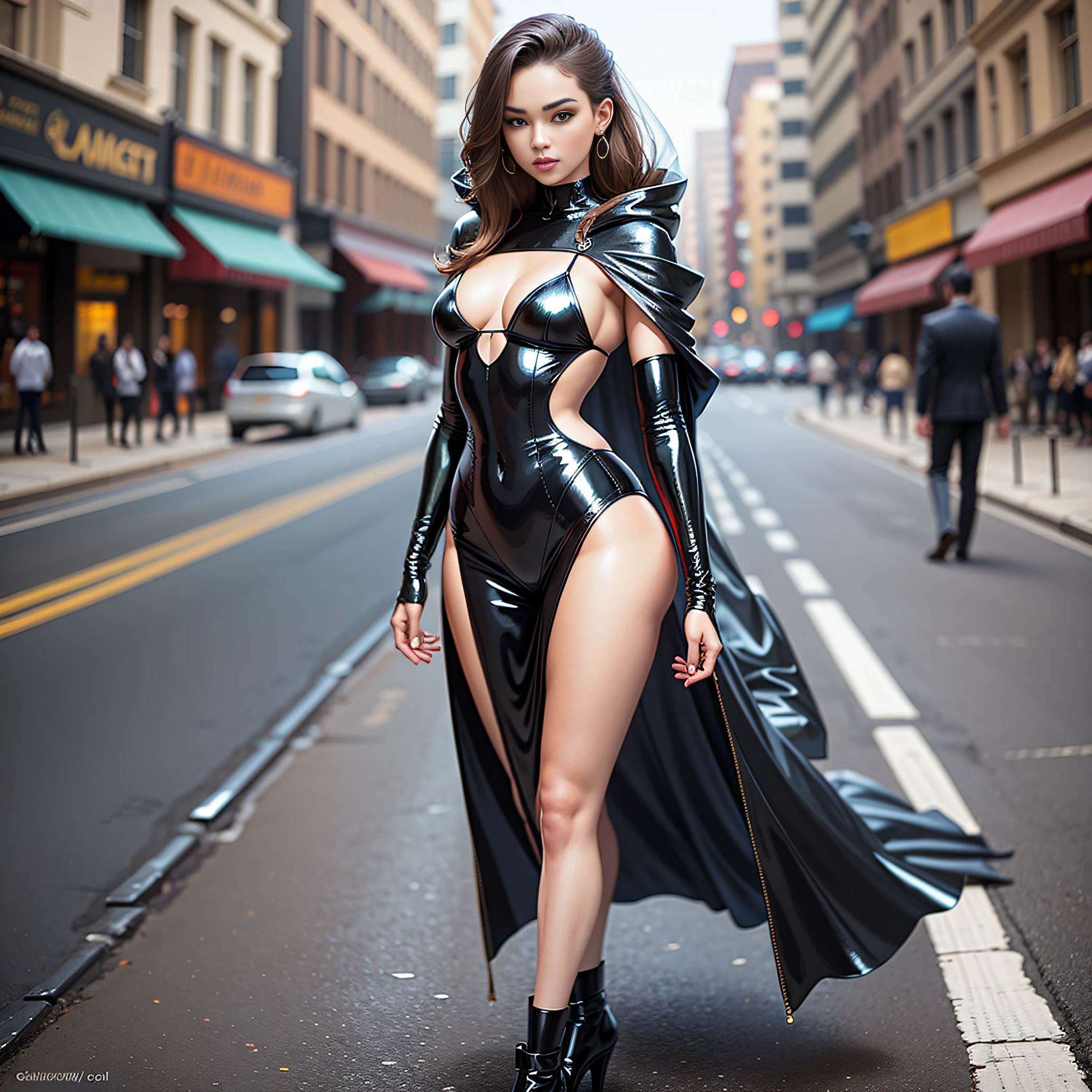 Extraordinary beauty standing on a certain street corner, sexy limbs, super bikinis, latex, glittering costumes, sheer cloaks, perfect limbs, young woman