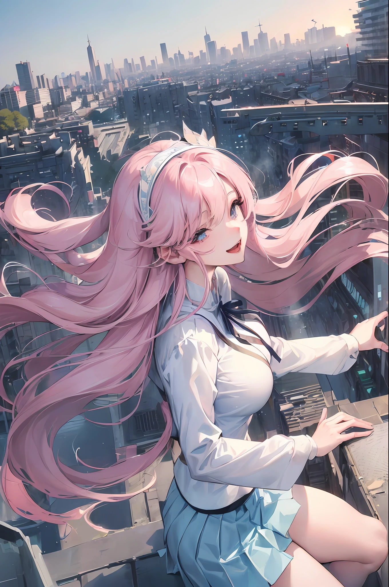 Official Art, Masterpiece, Sharp Focus, (Beautiful Gorgeous Cute Korean Woman: 1.3), (Beautiful Cute Korean: 1.3), Korean Beauty, Delicate Beautiful Hair and Eyes and Face, Realistic, Ultra Detailed, Beautiful Girl, Blue Sky, Glowing White Particles, (Sidelighting: 1.2), Sunlight, White Clouds, Delicate Clouds, Slender, Cute Big Breasts Big Buttocks, Toothy Laughing, ((Laughing with Eyes Open)), Landscape, Long Straight Hair, Sexy Facial Expressions, Architecture, ( Cityscape:1.7), Dynamic Hair, Long Straight Hair, Delicate Platinum Pink Hair, Glowing Blue Eyes, (Blue Pleated Shirt + White Skirt), White Stockings, Pale Skin, Hair Accessories, Epic Landscape, Black Silk