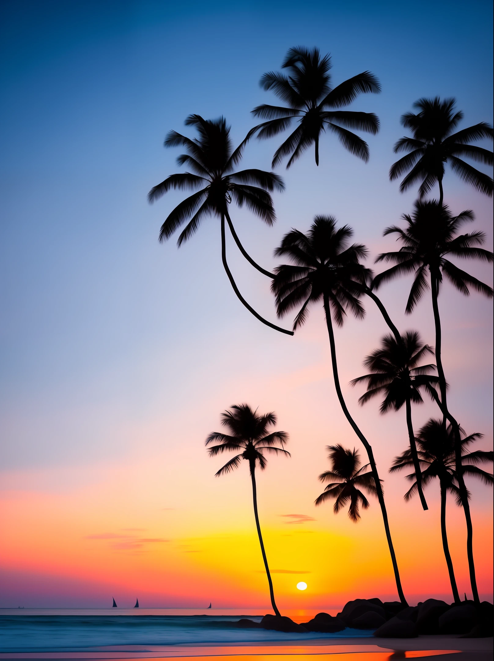 The image I want the AI to create is an enchanting scene that depicts a stunning gradient sky on the beach, surrounded by several palm trees.
On the horizon, the vastness of the ocean stretches, painting the sky with a smooth transition of colors. The gradient begins with a soft, vibrant blue hue at the top, which gradually merges into lighter, paler shades of blue, creating a sense of calm and tranquility. As we look down, the colors turn into a soft, sparkling pink, blending delicately with orange tones that bring a warm touch to the landscape.
The beach stretches along the scene, with its fine golden sand reflecting the softness of the sky's colors. Soft, crystal clear waves kiss the shore, creating a serene and relaxing atmosphere. Along the beach are arranged several tall and majestic palm trees, their green leaves swaying gently to the taste of the sea breeze.
The sun is setting on the horizon, casting a soft, golden glow over the landscape. Its latest lights illuminate the sky, further enhancing the color gradients and adding a magical feel to the environment. The silhouette of the palm trees against the colorful sky creates a picturesque image, conveying a sense of peace and serenity.
This image depicts the harmony between nature and the coastal environment, capturing the ephemeral beauty of a sunset on the beach, framed by a gradient sky and elegant palm trees
