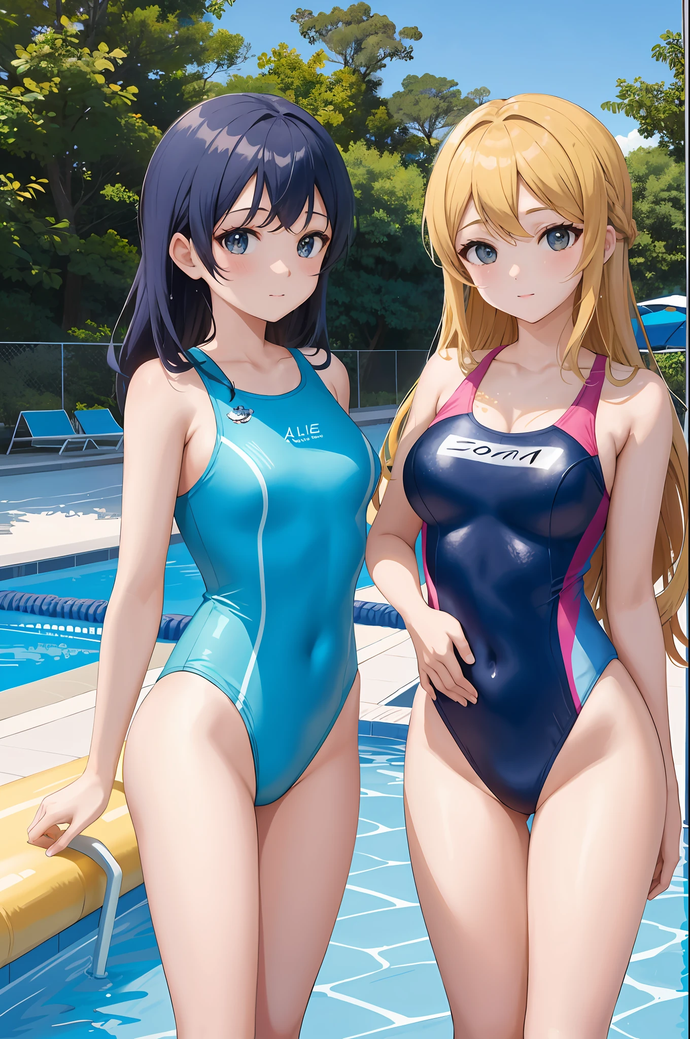Two women in swimsuit standing next to pool, wet swimsuit, swimsuit, next to pool, wearing leotard, Alena Aenami and Lilia Alvarado, Ayami Kojima and Ride Caldwell, Ilya Kuvshinov. 4 k, cute girl in tank suit, swimsuit, two anime beauties