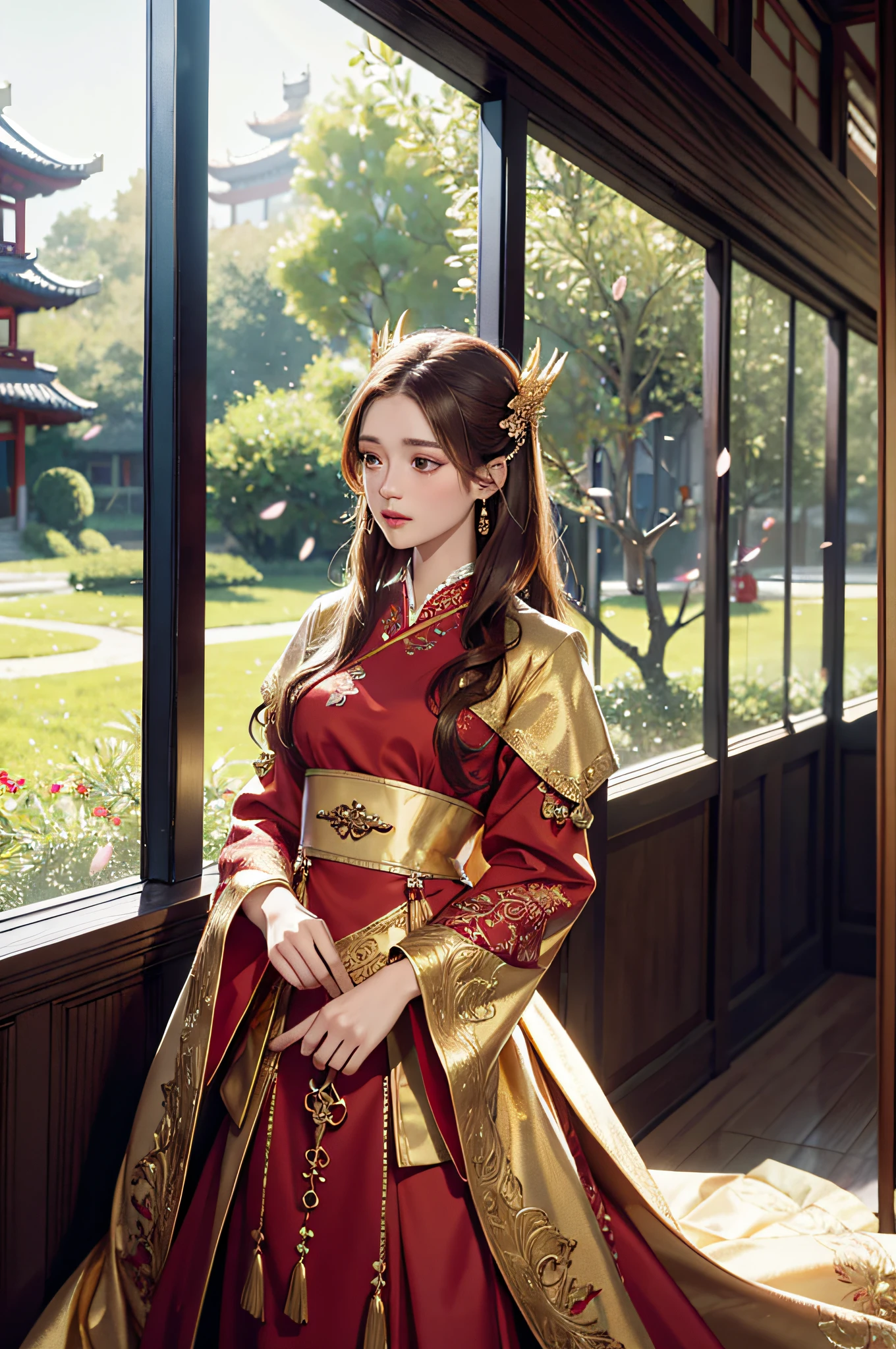 best quality, masterpiece, highres, (exquisite body:1.5),gorgeous face,(milky skin:1.3),intricate details,high resolution,wallpaper,
1girl, solo, dress, hair ornament, (((gold and red dress))), flowers, long hair, brown hair, closed mouth, jewelry, long sleeves, hand up, wide sleeves, big eyes,floating hair, chinese clothes, hanfu, embroidery, long skirt, natural pose, falling petals, indoor,fanning, lantern,
16K,HDR,highres,depth field,(film grain:1.1),boken,golden hour,(lens flare),vignette,rainbowing,(color grading:1.5)