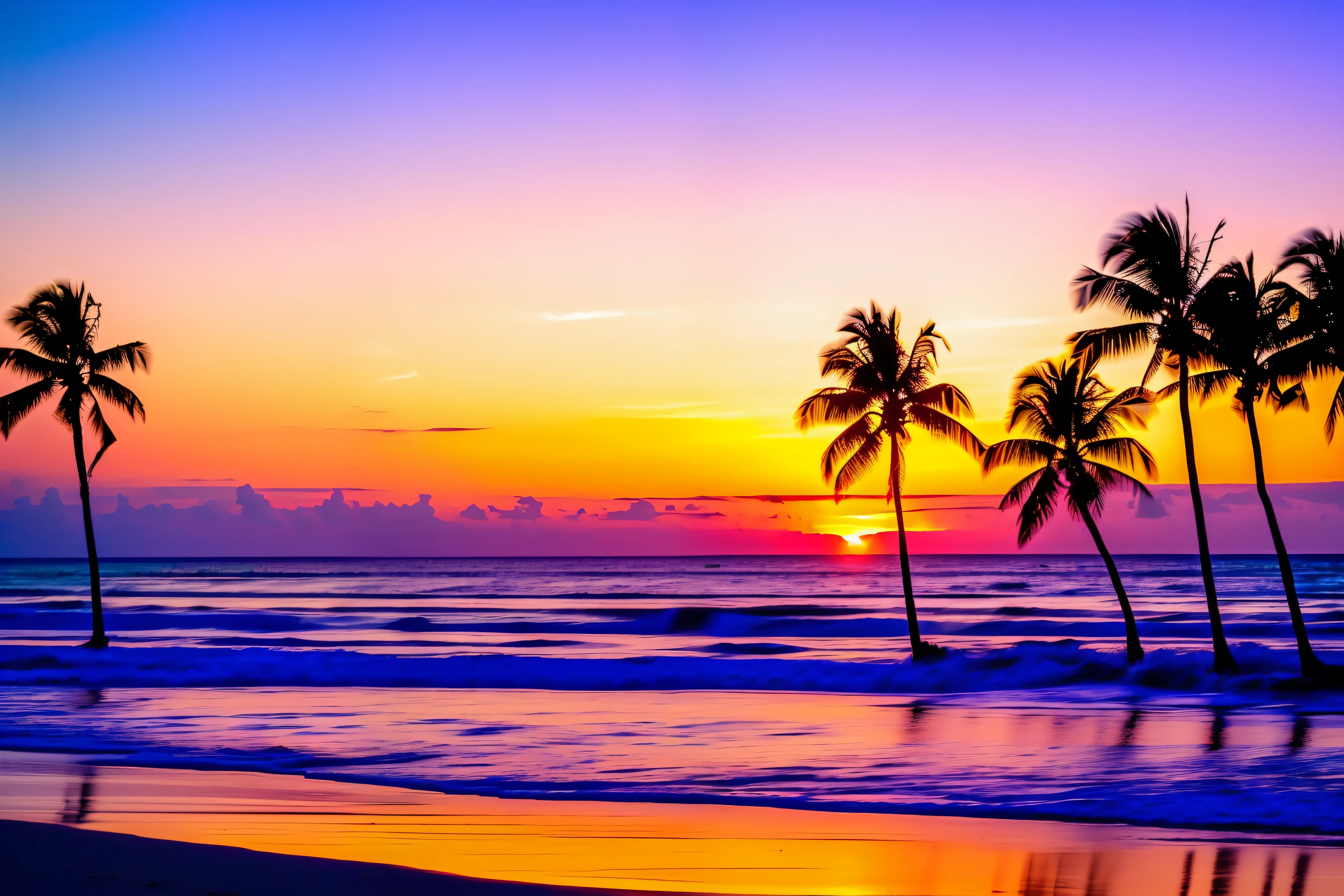 The image I want the AI to create is an enchanting scene that depicts a stunning gradient sky on the beach, surrounded by several palm trees.

On the horizon, the vastness of the ocean stretches, painting the sky with a smooth transition of colors. The gradient begins with a soft, vibrant blue hue at the top, which gradually merges into lighter, paler shades of blue, creating a sense of calm and tranquility. As we look down, the colors turn into a soft, sparkling pink, blending delicately with orange tones that bring a warm touch to the landscape.

The beach stretches along the scene, with its fine golden sand reflecting the softness of the sky's colors. Soft, crystal clear waves kiss the shore, creating a serene and relaxing atmosphere. Along the beach are arranged several tall and majestic palm trees, their green leaves swaying gently to the taste of the sea breeze.

The sun is setting on the horizon, casting a soft, golden glow over the landscape. Its latest lights illuminate the sky, further enhancing the color gradients and adding a magical feel to the environment. The silhouette of the palm trees against the colorful sky creates a picturesque image, conveying a sense of peace and serenity.

This image depicts the harmony between nature and the coastal environment, capturing the ephemeral beauty of a sunset on the beach, framed by a gradient sky and elegant palm trees