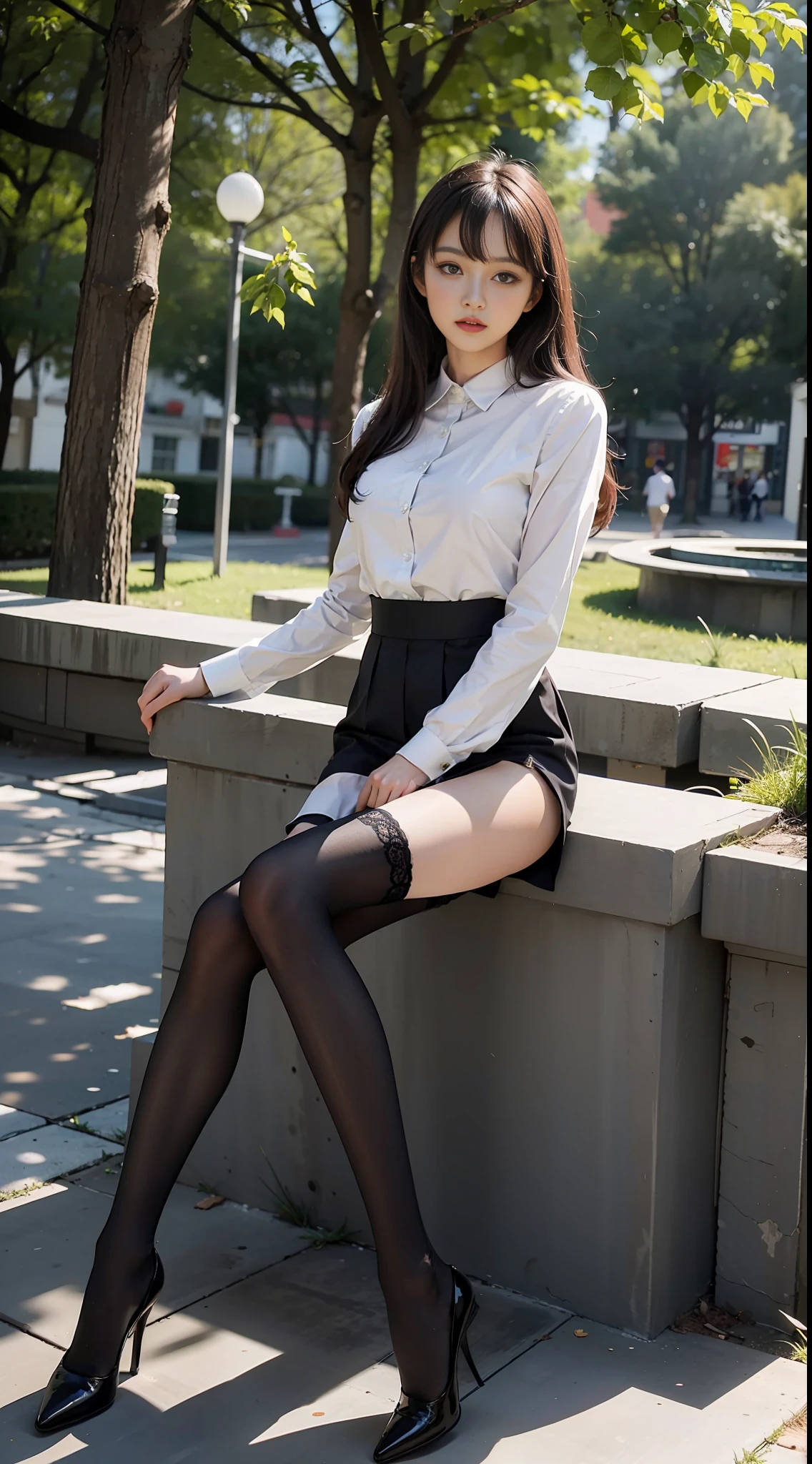 Best quality, full body portrait, delicate face, pretty face, 25 year old woman, slim figure, small bust, OL uniform, office clothes, black stockings, outdoor scene, sitting position