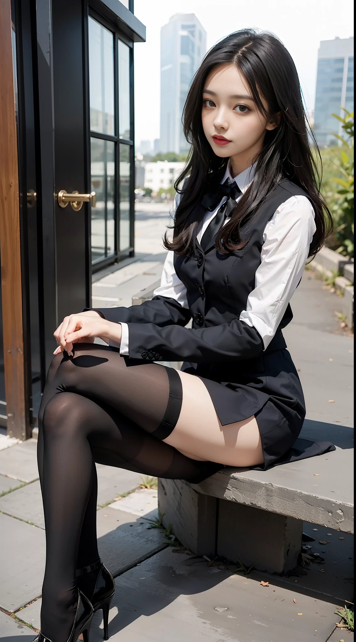 Best quality, full body portrait, delicate face, pretty face, 25 year old woman, slim figure, small bust, OL uniform, office clothes, black stockings, outdoor scene, sitting position