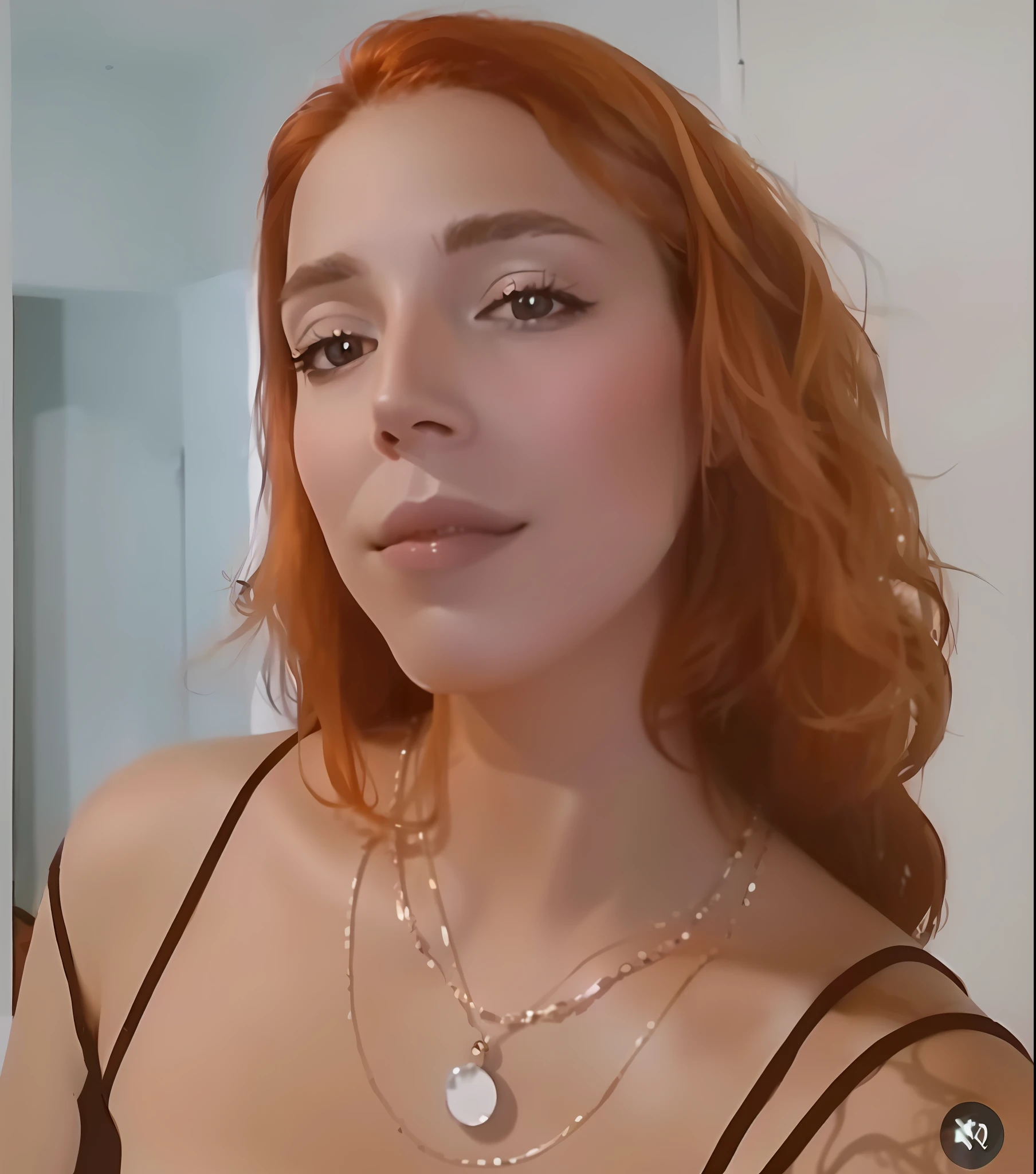 there is a woman with red hair and a necklace on, profile image, she has long redorange hair, taken in the early 2020s, red haired goddess, the extremely hot and sexy, around 1 9 years old, very very low quality picture, amouranth, with curly red hair, she has long orange brown hair, with red hair