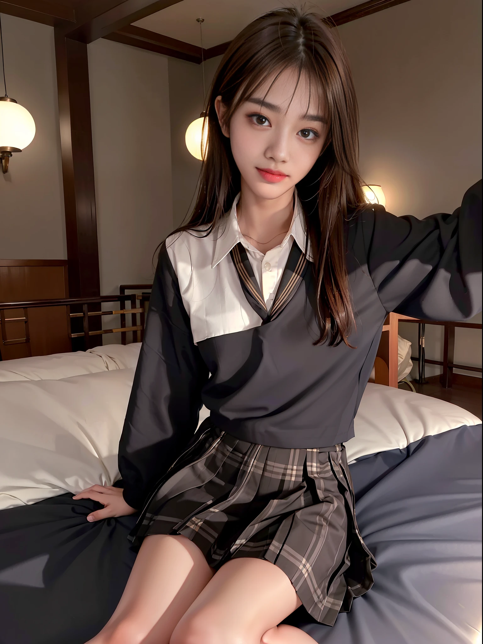 Top quality, full body profile, Golden Ratio, (Theater lighting: 0.7), Masterpiece, Angle of View, Beautiful Smile, (Tanned skin, Charming 18 years) (AdreaLee) Looking straight, mysteriously happy, sitting on a mattress, curved body (wearing Japanese school uniform). Long straight brown hair, tangle sunset, full body image, perfect face, breathtaking eyes, vivid detail (highly detailed skin). Accent lighting depth of field, old camera, conscious, digital beads, black plaid skirt, fine skin, skinny,