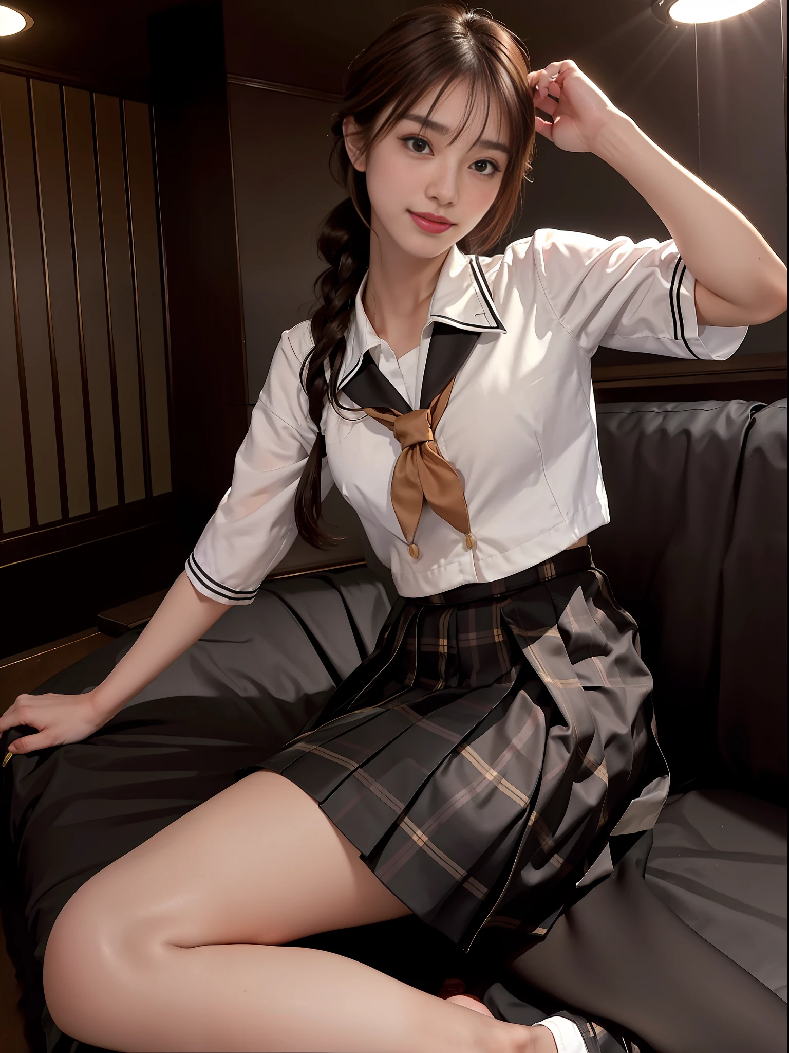 Top quality, full body profile, Golden Ratio, (Theater lighting: 0.7), Masterpiece, Angle of View, Beautiful Smile, (Tanned skin, Charming 18 years) (AdreaLee) Looking straight, mysteriously happy, sitting on a mattress, curved body (wearing Japanese school uniform). Long straight brown hair, tangle sunset, full body image, perfect face, breathtaking eyes, vivid detail (highly detailed skin). Accent lighting depth of field, old camera, conscious, digital beads, black plaid skirt, fine skin, skinny,