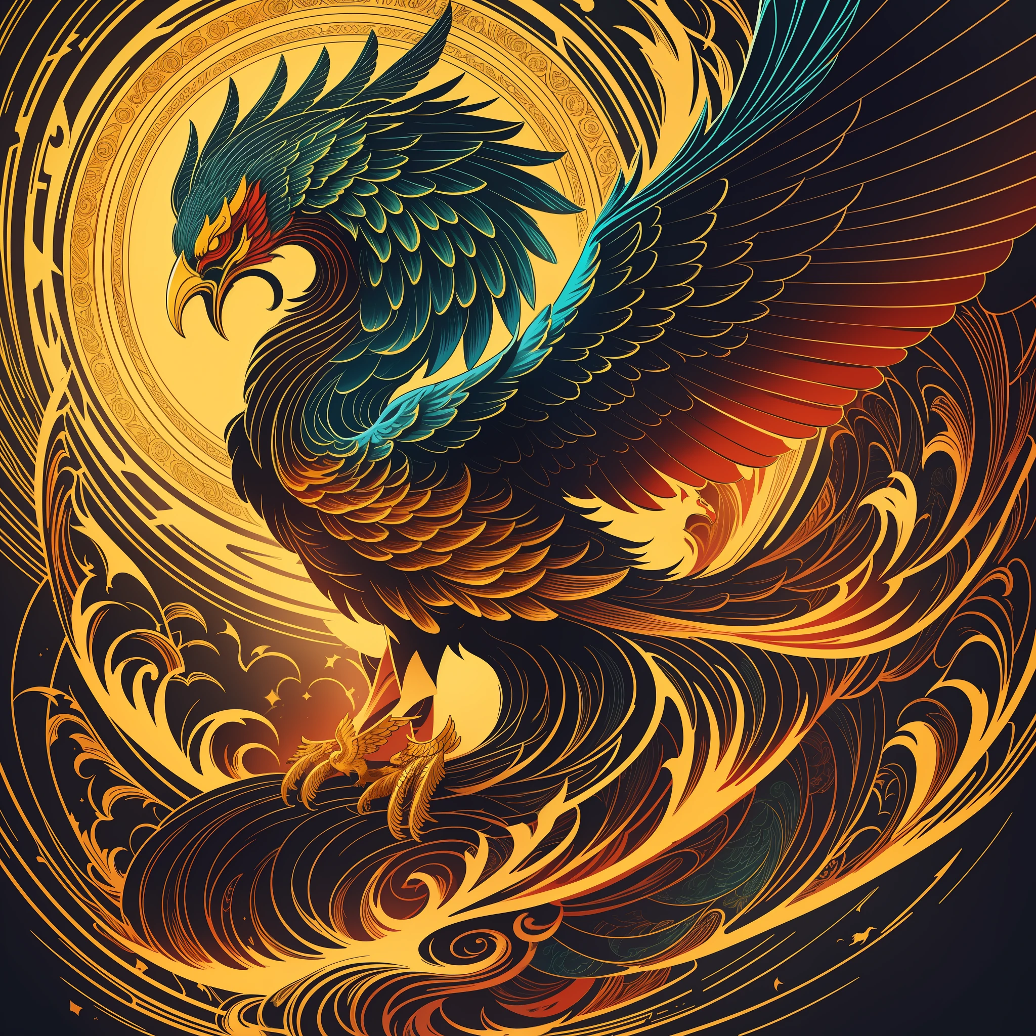 [Gold Phoenix] heraldic silhouette, logo masking style illustration, Dan Mumford, Greg Lutkowski, James Jean, black background, fantasy art, mysterious, realistic, majestic, rich vivid colors, high contrast, seamless water brand, art station, deviant art, dribbling, red bubble, Tee public, sharp focus, simple, hyper detail, detailed drawing, vectorization, outline, isometric style, 8k.